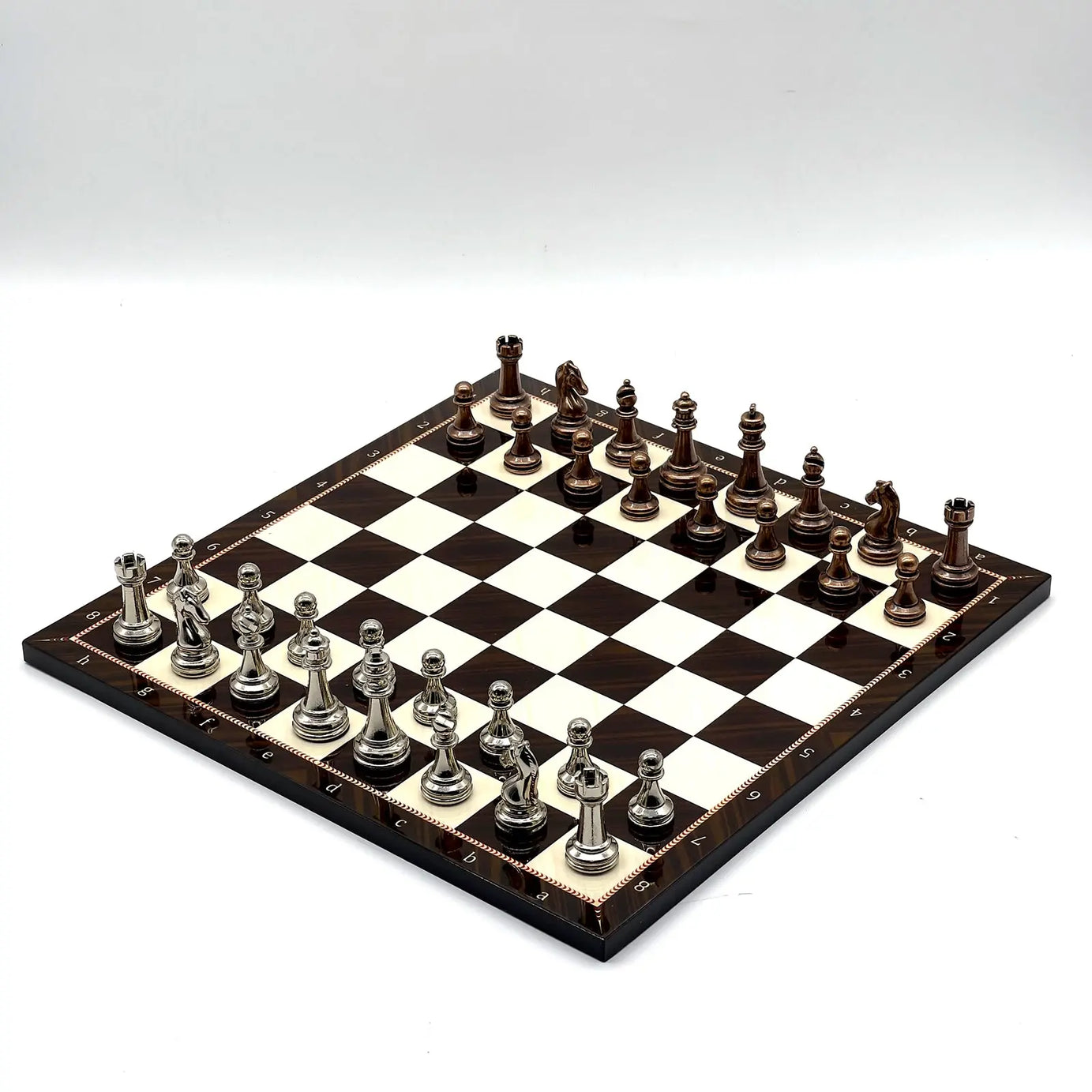 14" Walnut Marble Patterned Chess Set With Metal Chess Pieces