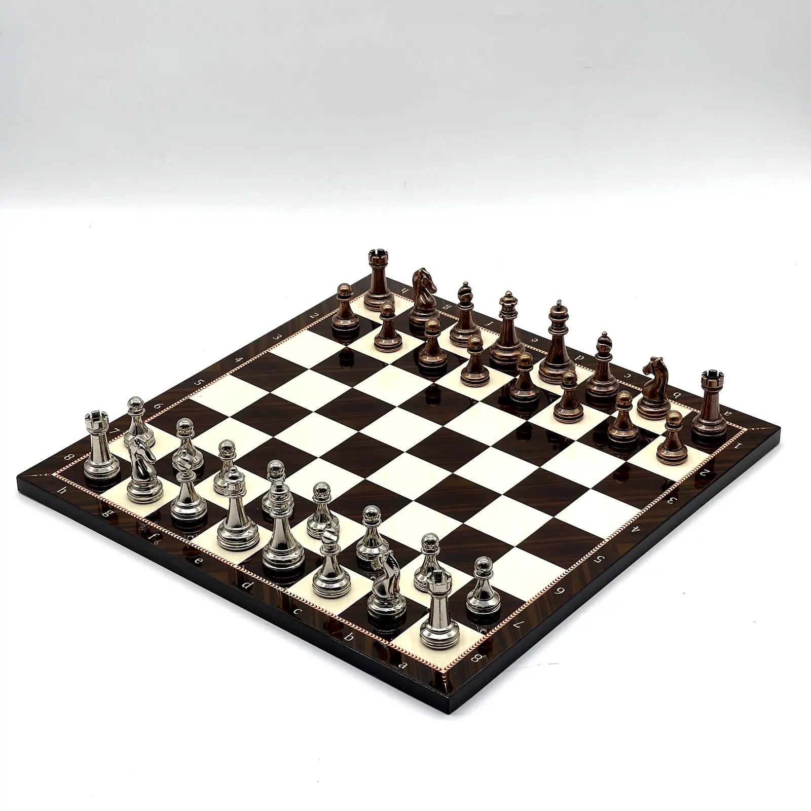14" Walnut Marble Patterned Chess Set With Metal Chess Pieces