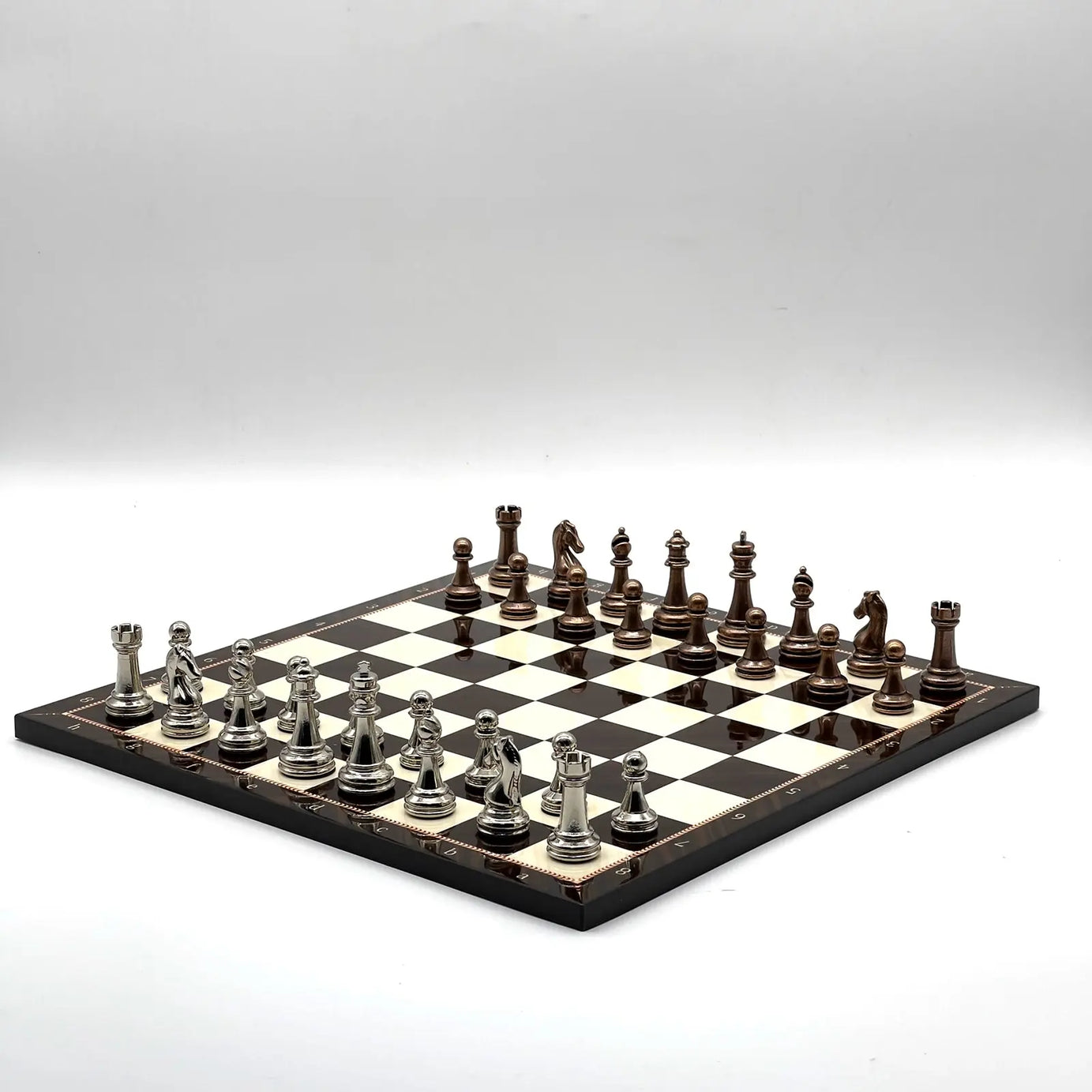 14" Walnut Marble Patterned Chess Set With Metal Chess Pieces