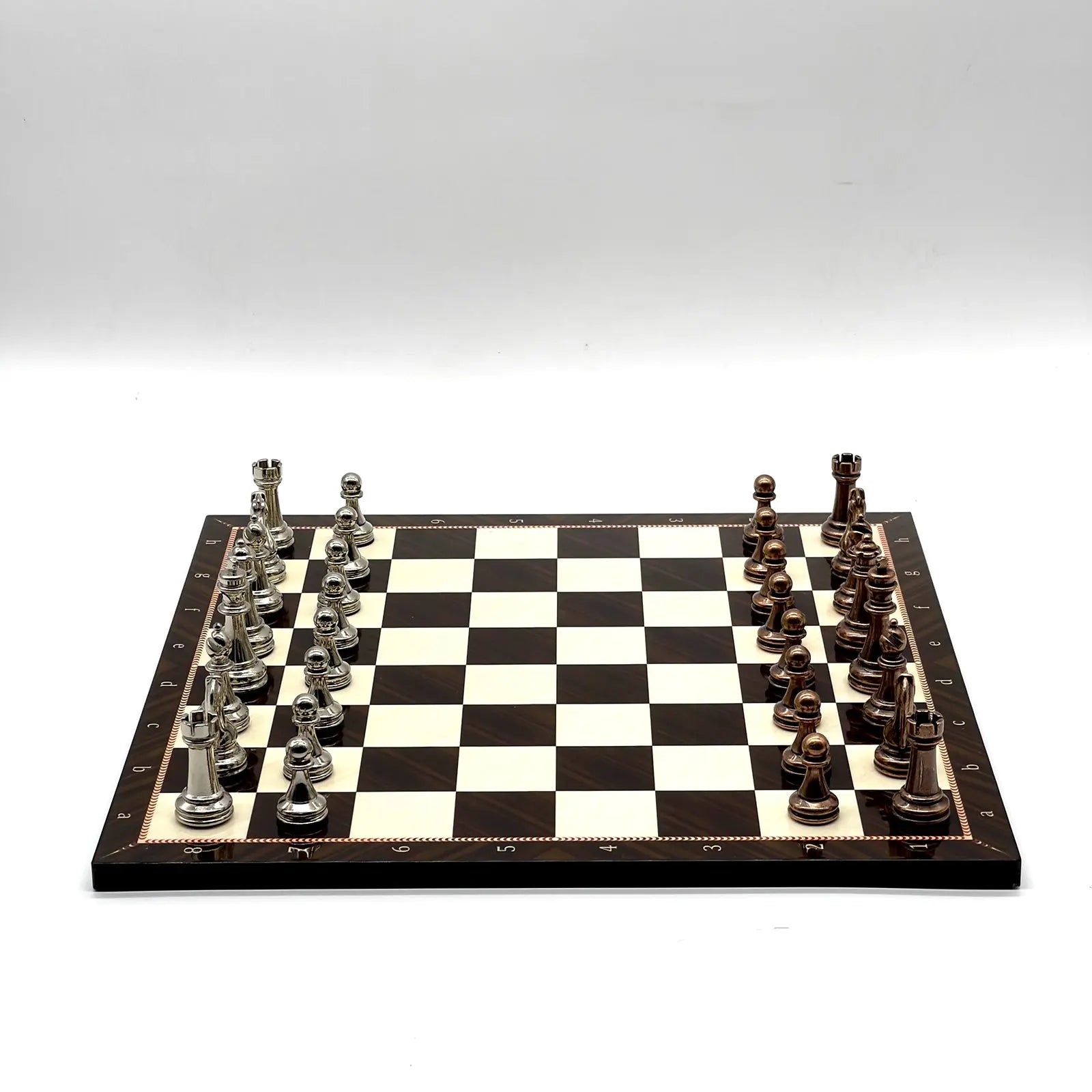 14" Walnut Marble Patterned Chess Set With Metal Chess Pieces