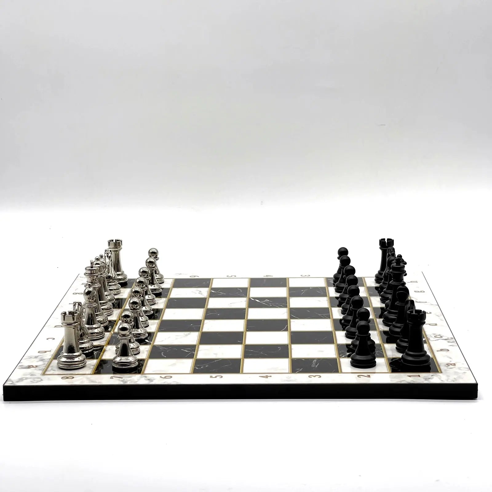 14" Black-White Marble Pattern Chess Set with Matte Metal Chess Pieces