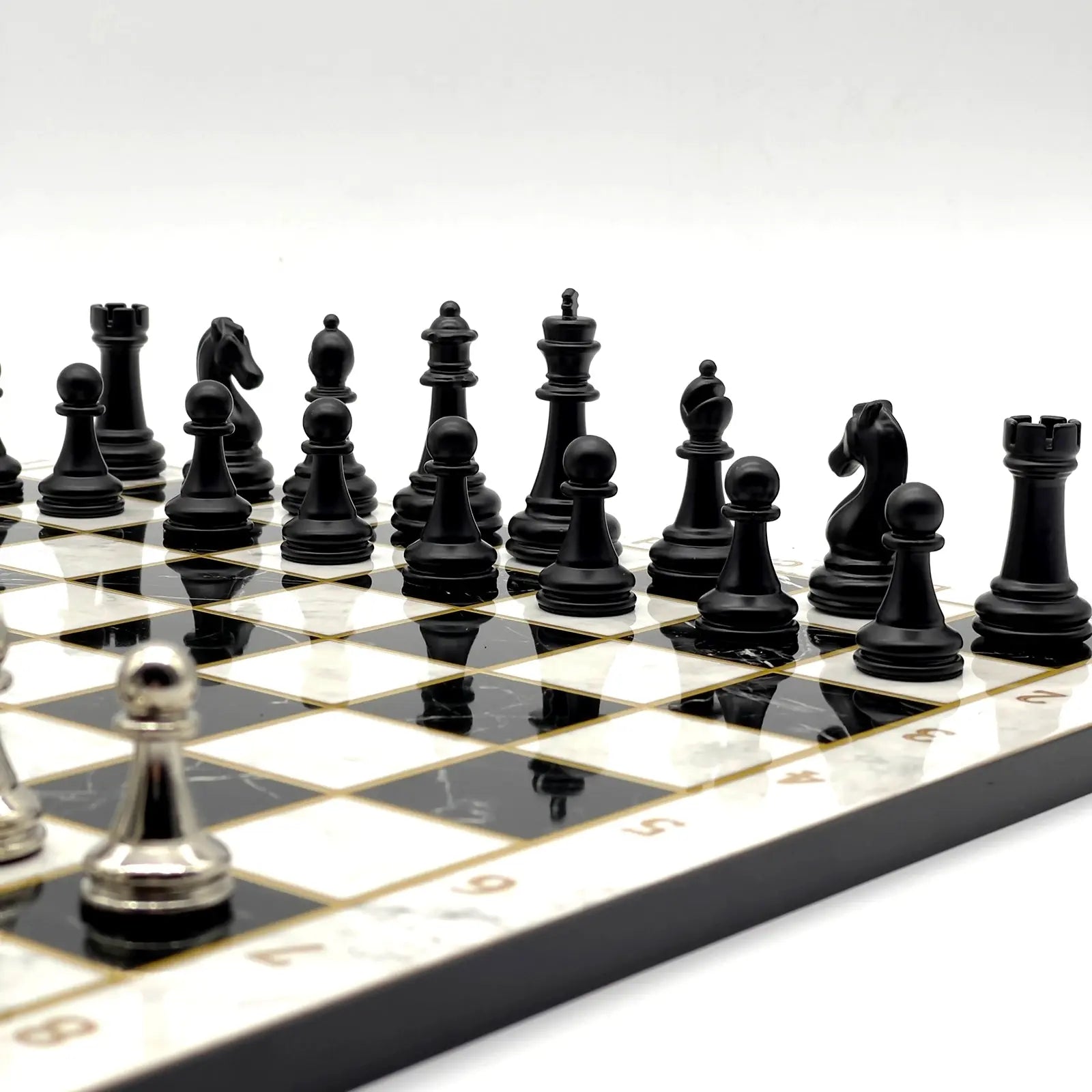 14" Black-White Marble Pattern Chess Set with Matte Metal Chess Pieces