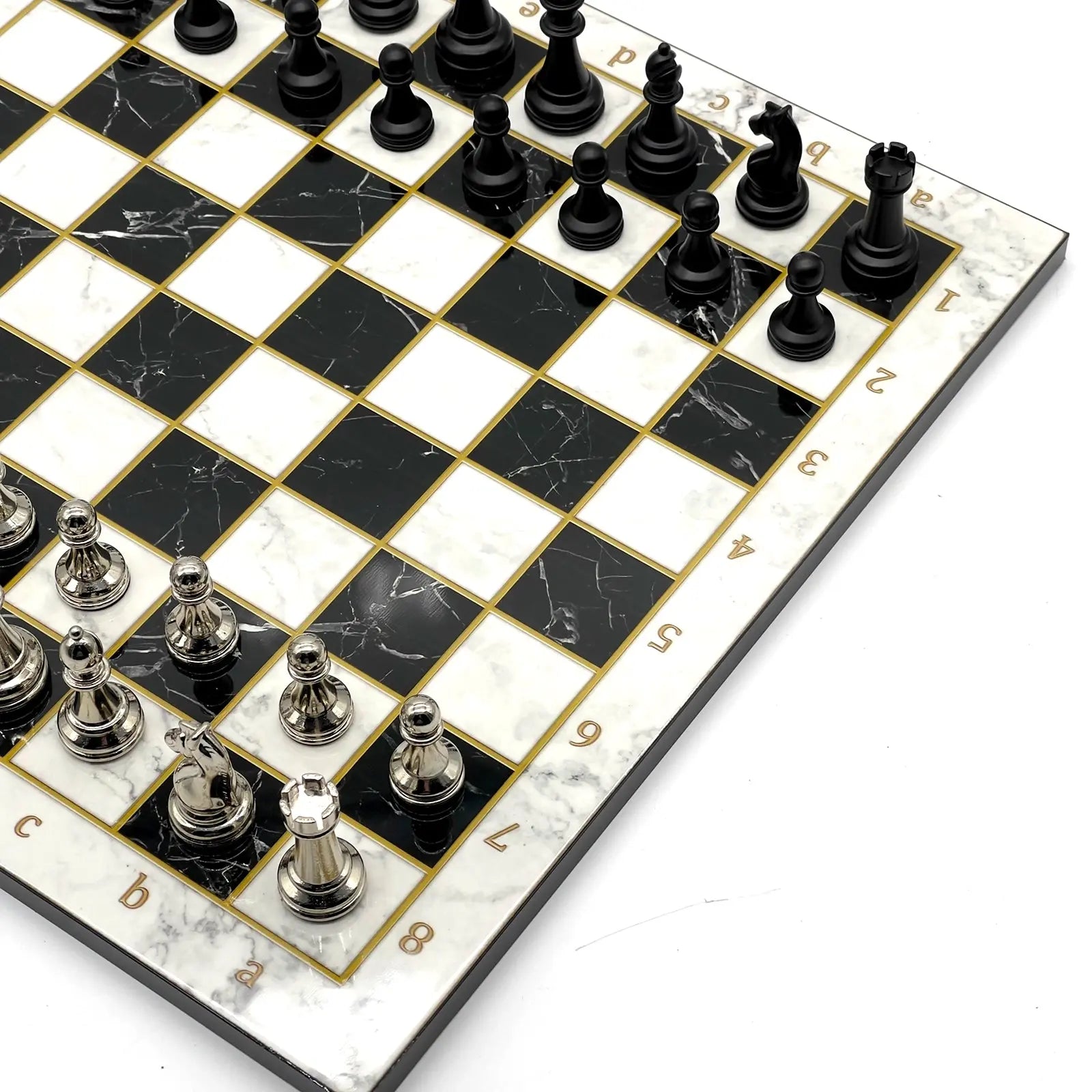 14" Black-White Marble Pattern Chess Set with Matte Metal Chess Pieces