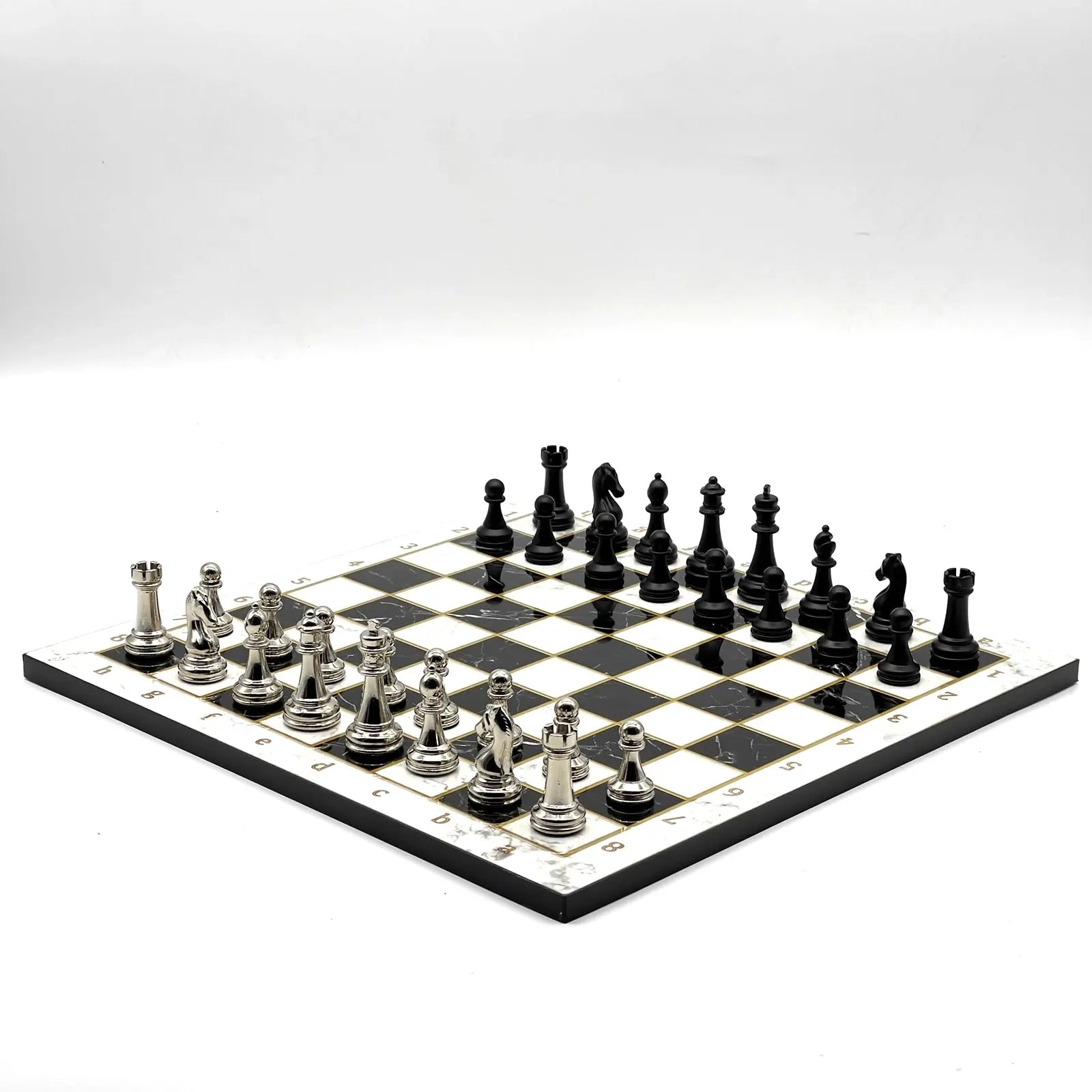 14" Black-White Marble Pattern Chess Set with Matte Metal Chess Pieces