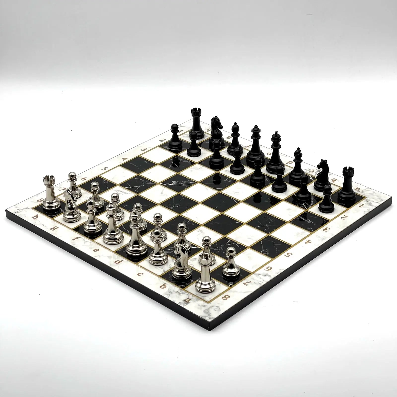 14" Black-White Marble Pattern Chess Set with Matte Metal Chess Pieces