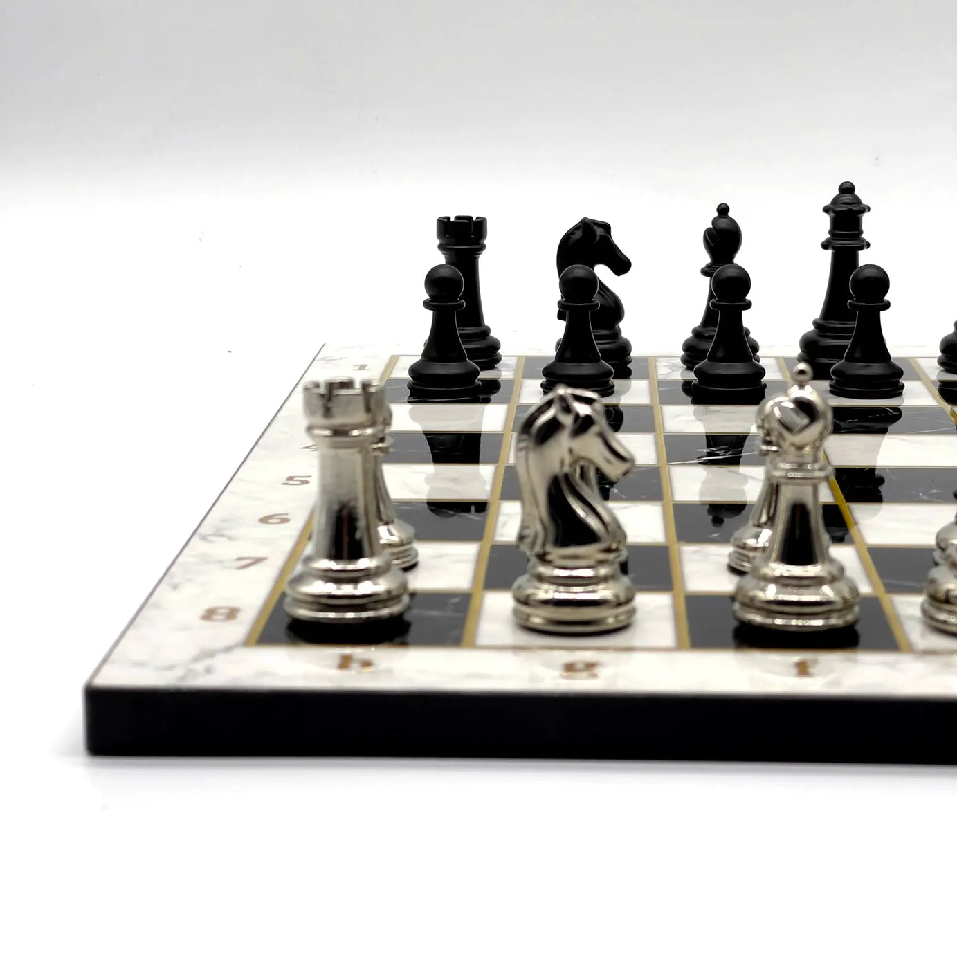 14" Black-White Marble Pattern Chess Set with Matte Metal Chess Pieces