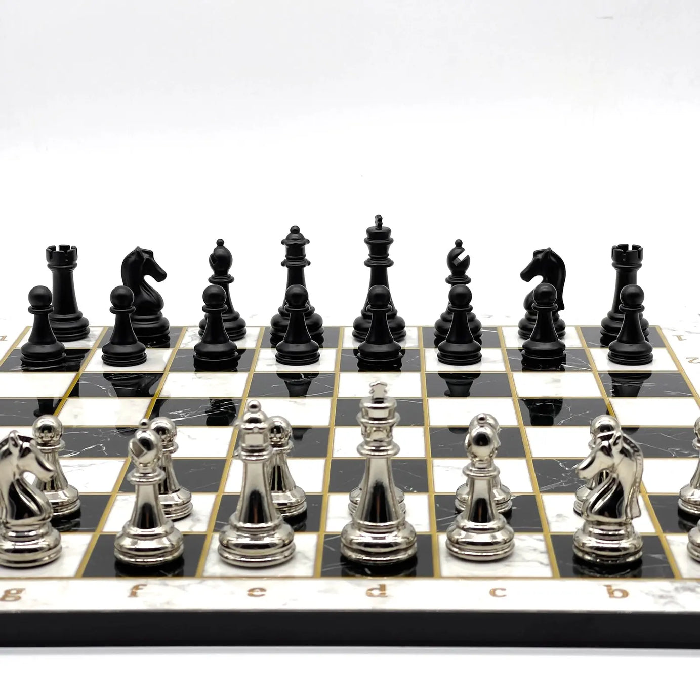 14" Black-White Marble Pattern Chess Set with Matte Metal Chess Pieces