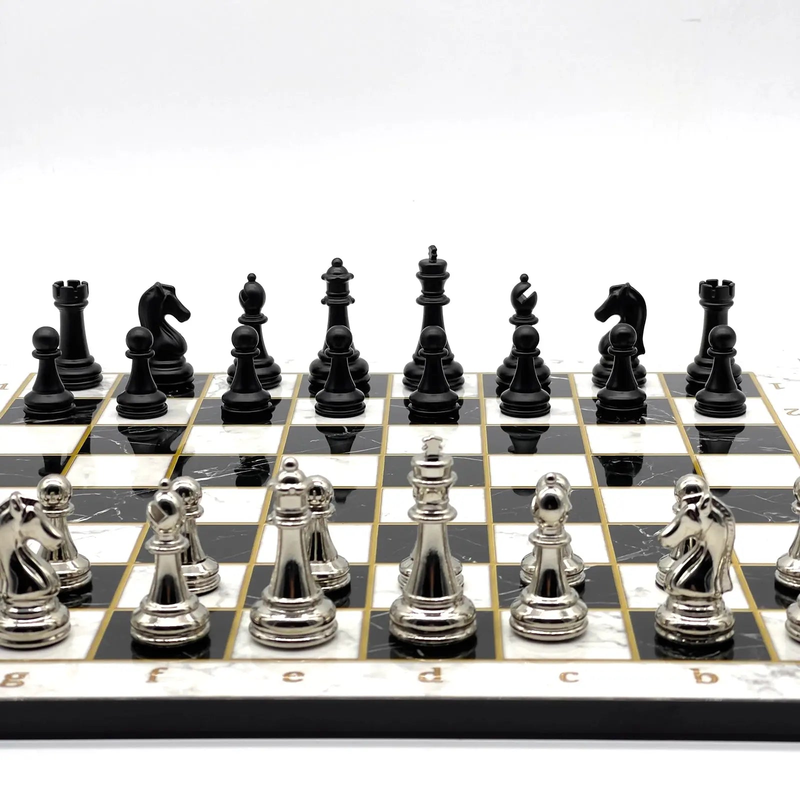 14" Black-White Marble Pattern Chess Set with Matte Metal Chess Pieces