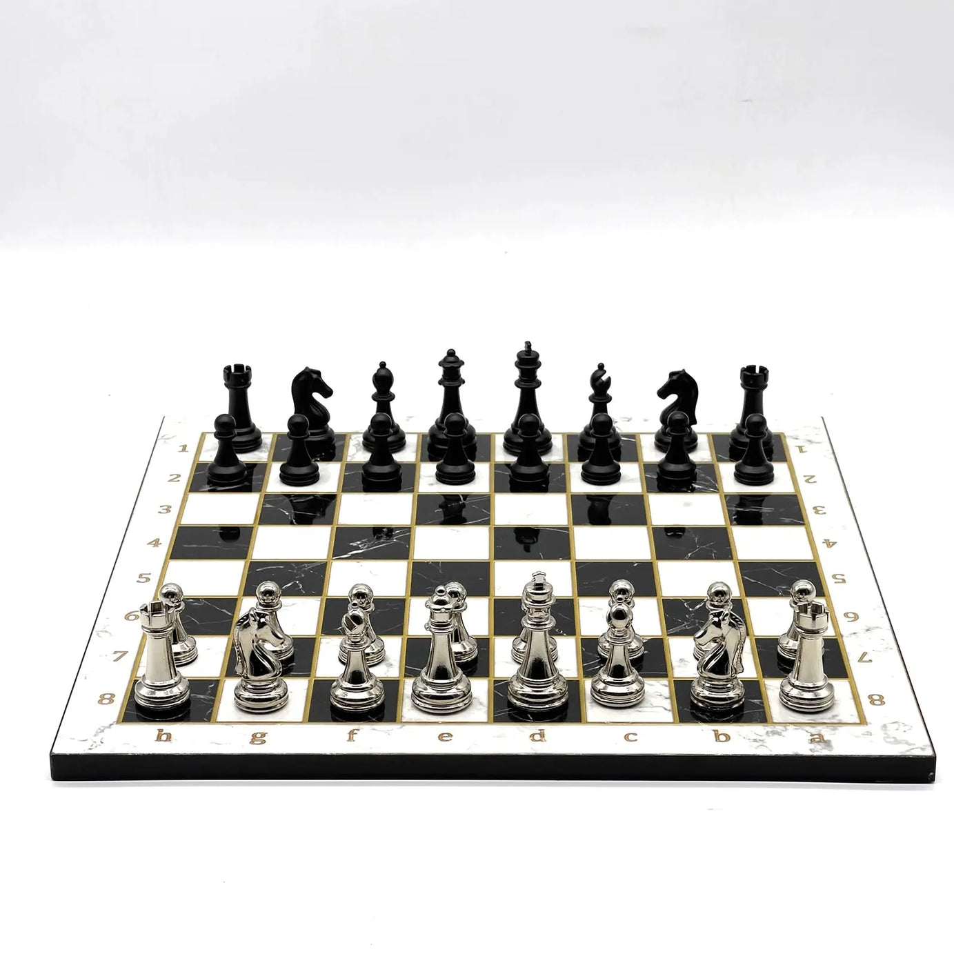 14" Black-White Marble Pattern Chess Set with Matte Metal Chess Pieces