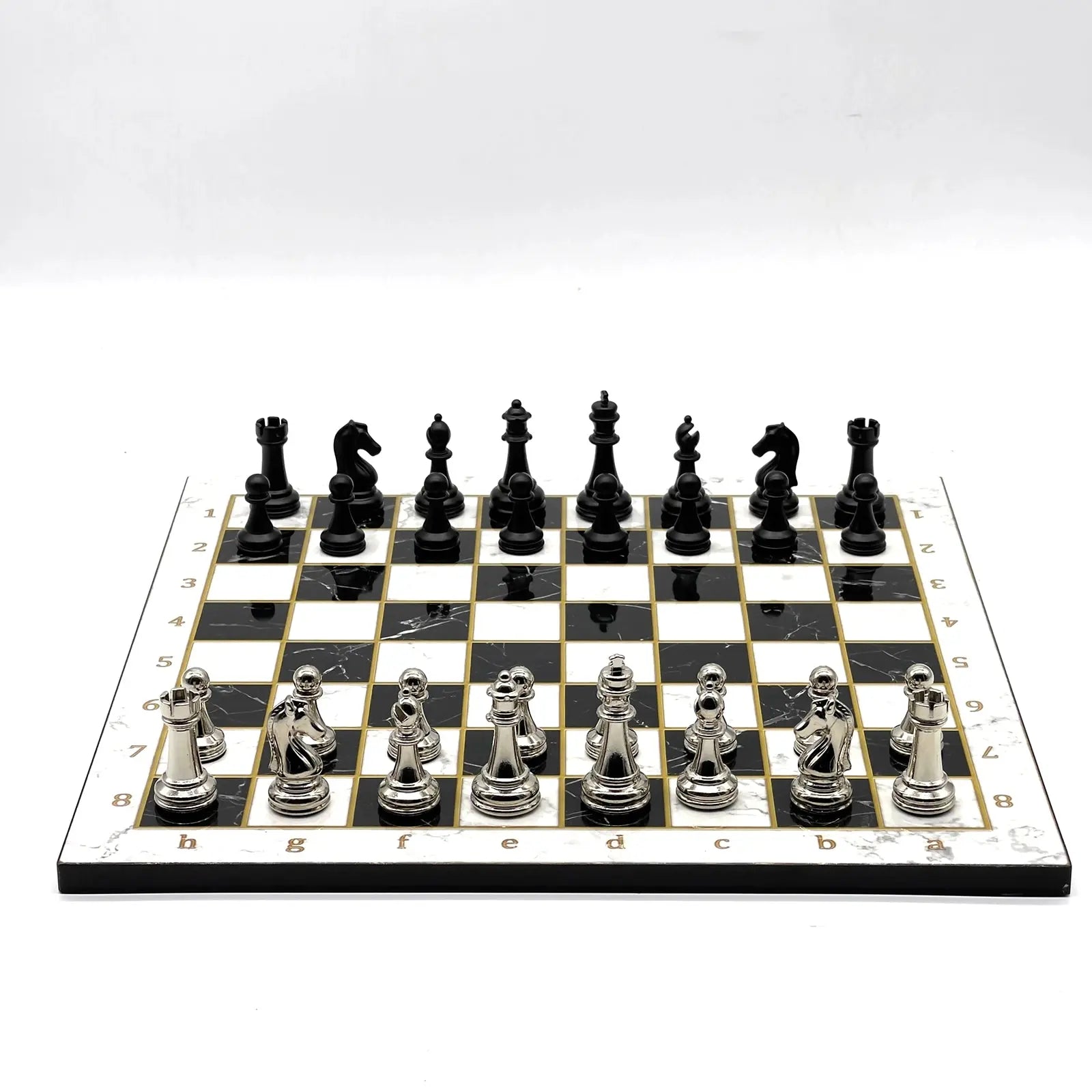 14" Black-White Marble Pattern Chess Set with Matte Metal Chess Pieces