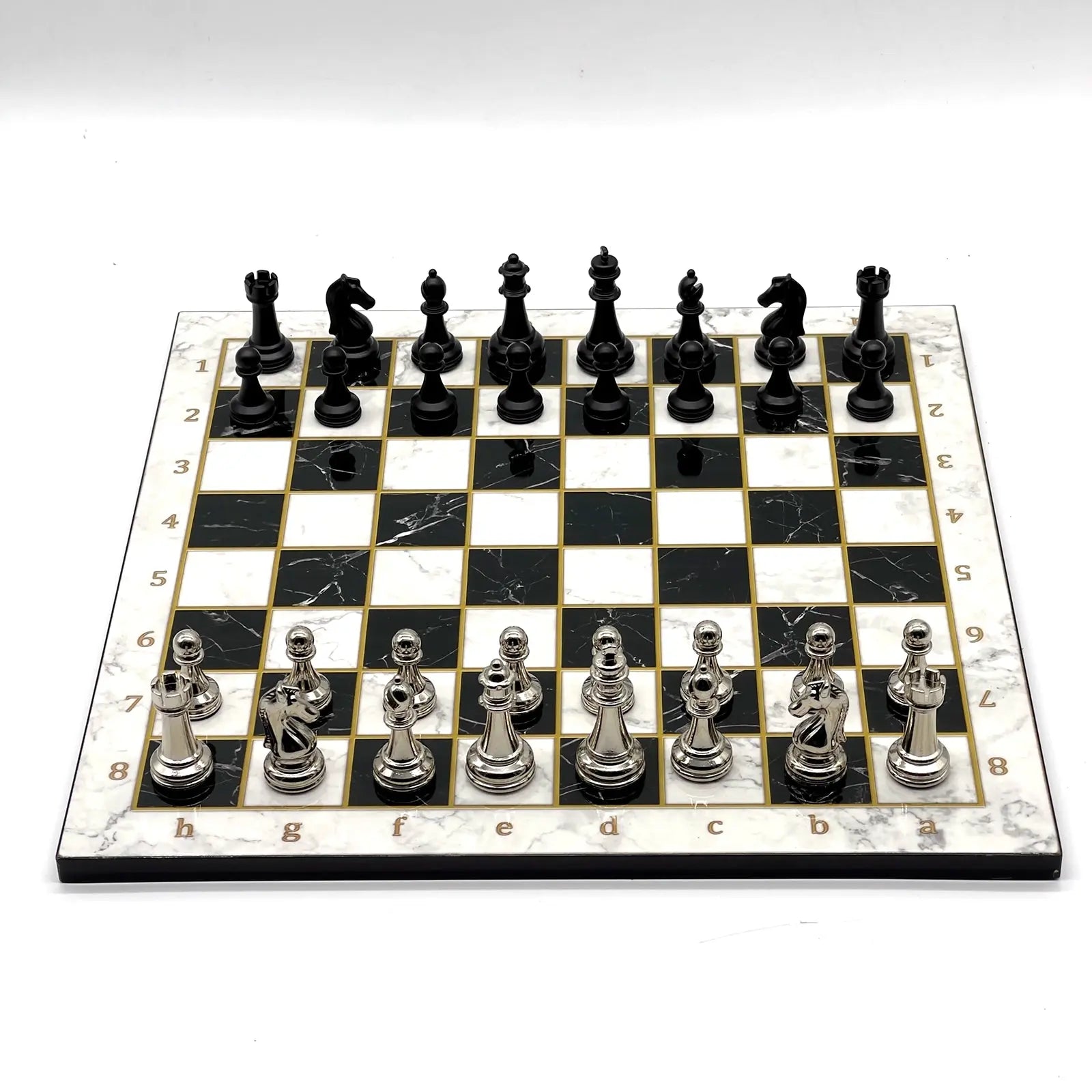 14" Black-White Marble Pattern Chess Set with Matte Metal Chess Pieces
