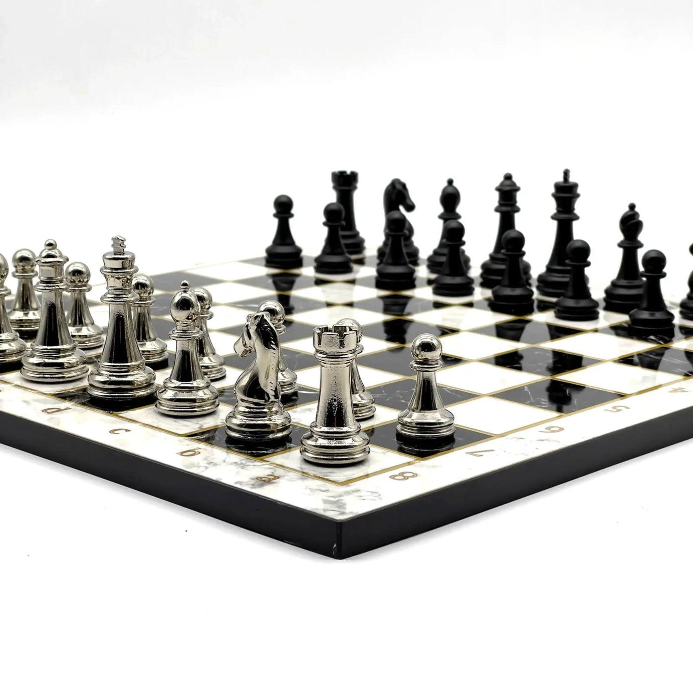 14" Black-White Marble Pattern Chess Set with Matte Metal Chess Pieces