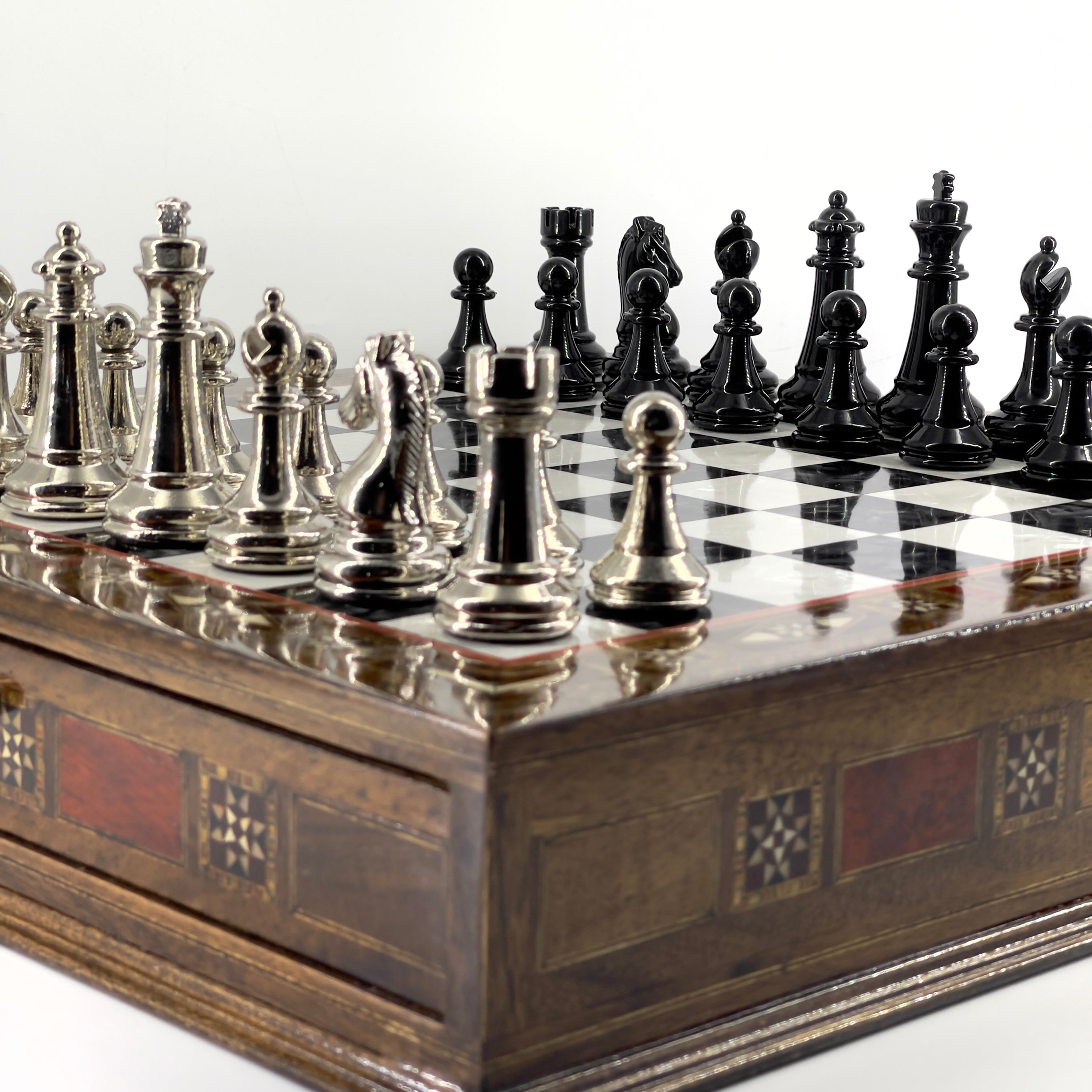 Premium Chess Set with Handmade Wooden Drawers and Black Metal Chess Pieces