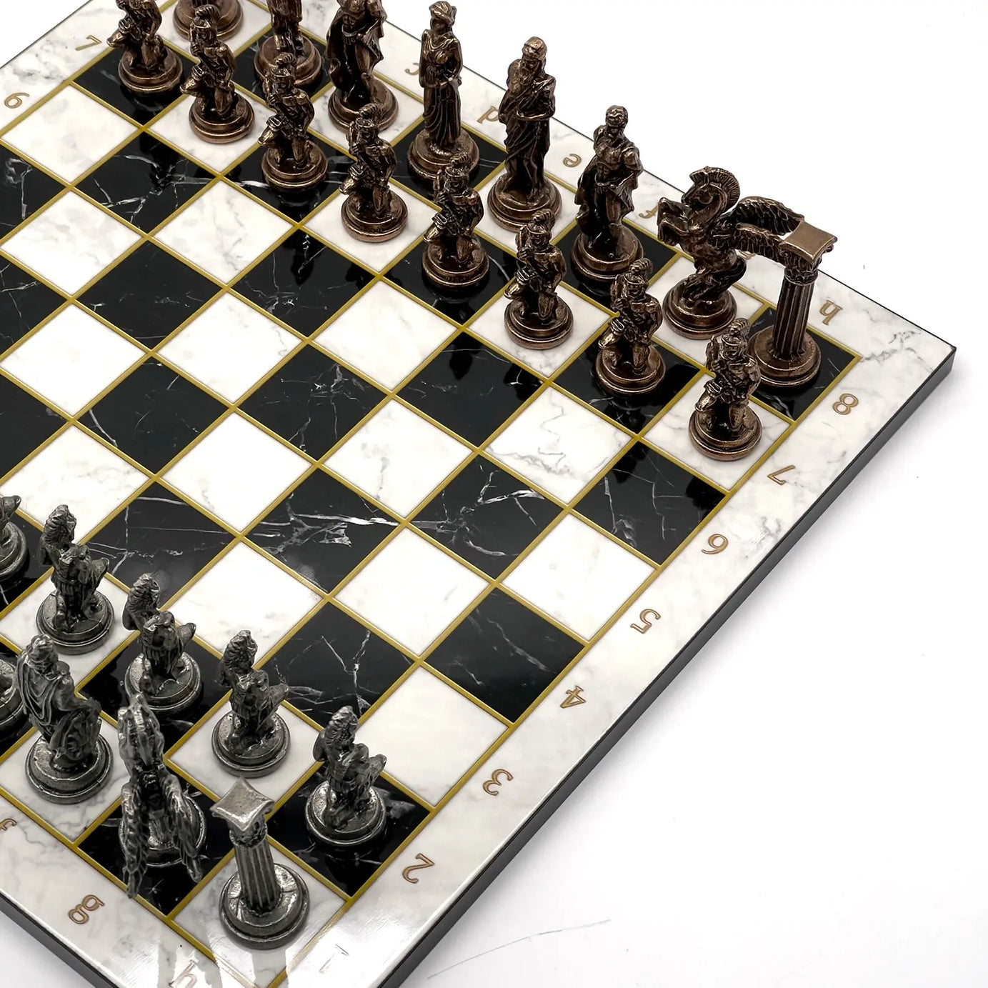 14" Black-White Marble Patterned Chess Set with Pegasus Metal Chess Pieces asyawoodart