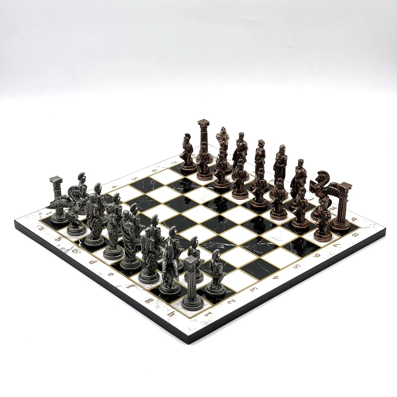 14" Black-White Marble Patterned Chess Set with Pegasus Metal Chess Pieces asyawoodart