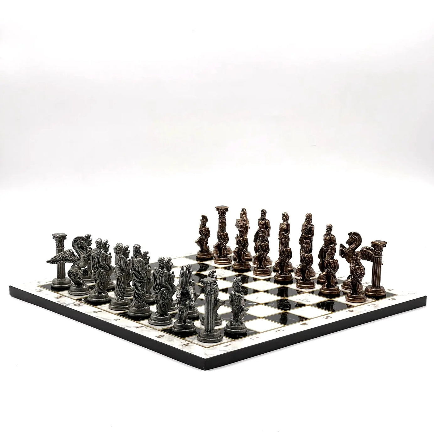 14" Black-White Marble Patterned Chess Set with Pegasus Metal Chess Pieces asyawoodart