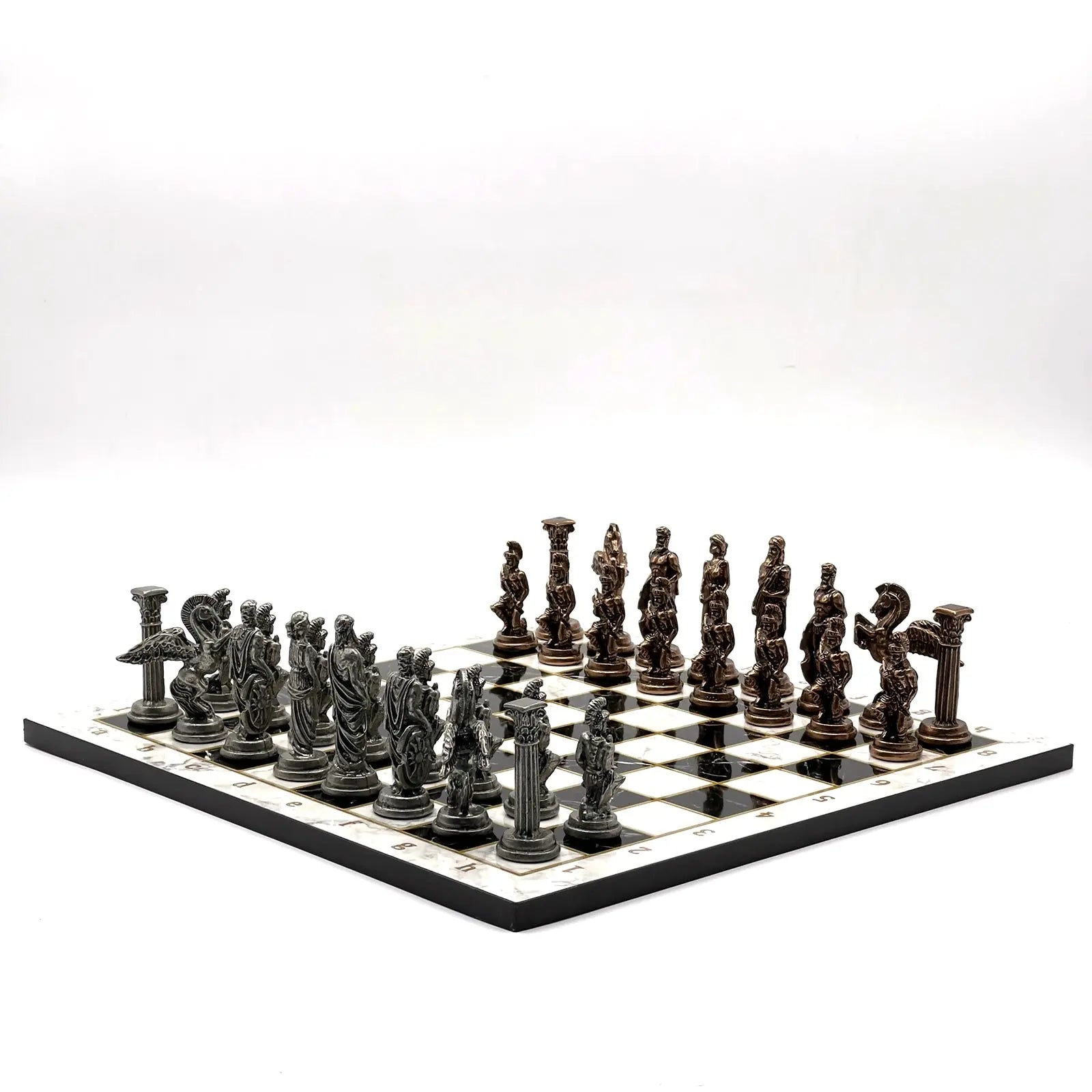 14" Black-White Marble Patterned Chess Set with Pegasus Metal Chess Pieces asyawoodart
