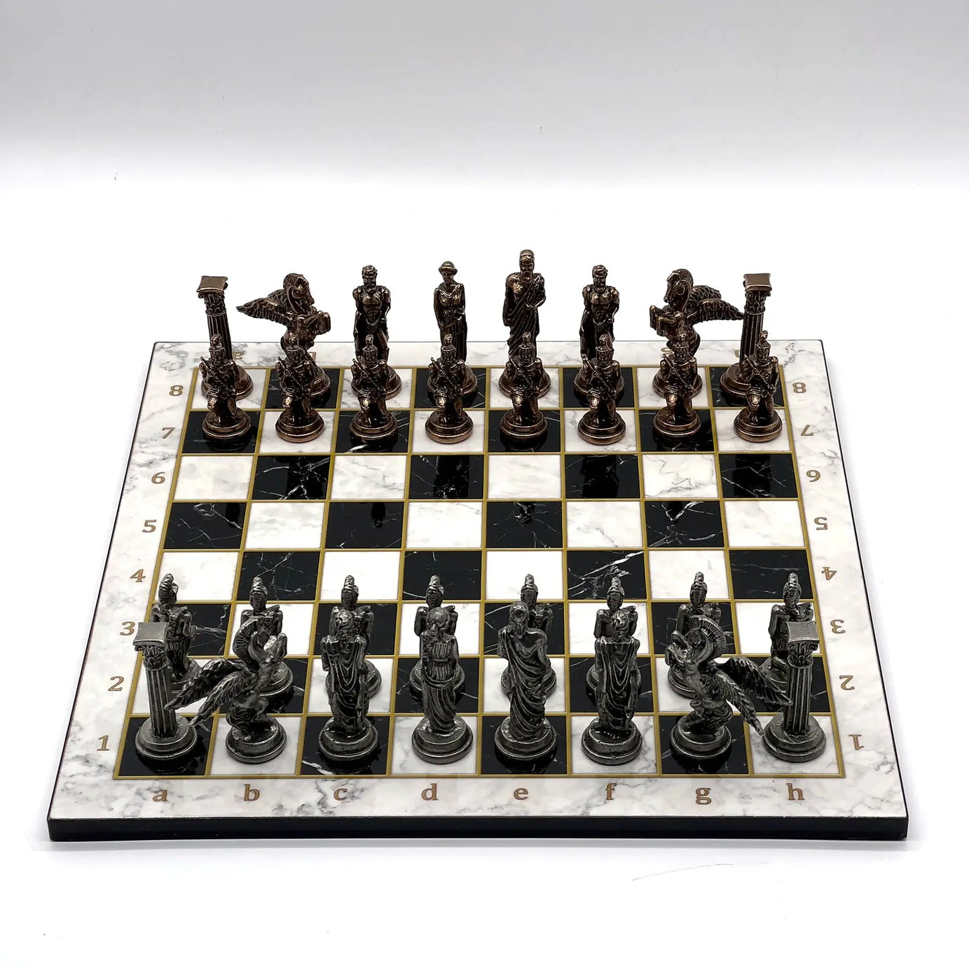 14" Black-White Marble Patterned Chess Set with Pegasus Metal Chess Pieces asyawoodart
