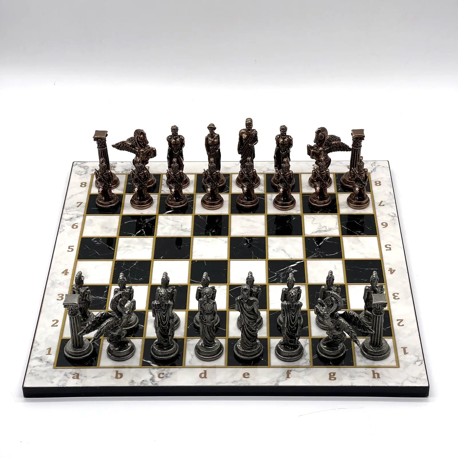14" Black-White Marble Patterned Chess Set with Pegasus Metal Chess Pieces asyawoodart