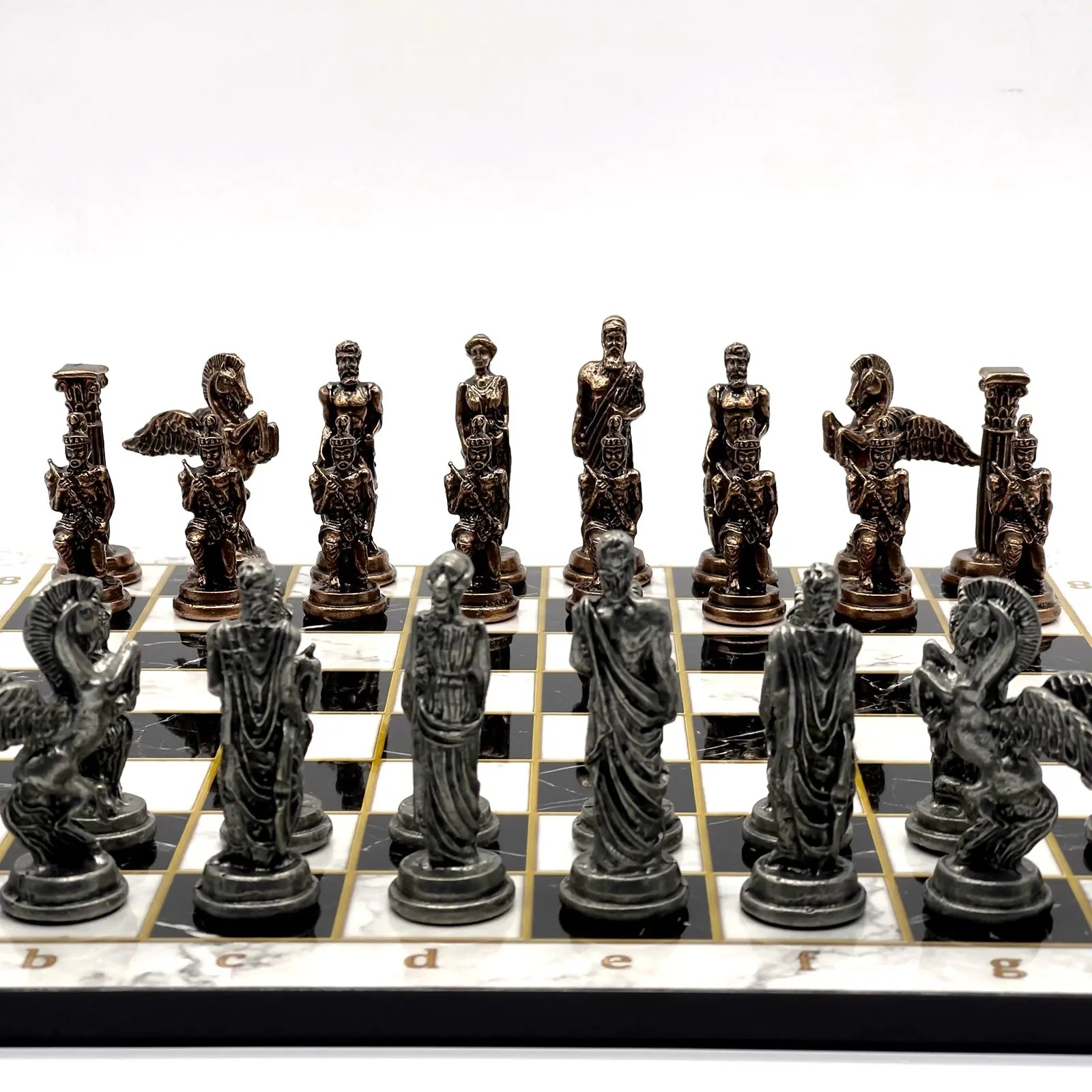 14" Black-White Marble Patterned Chess Set with Pegasus Metal Chess Pieces asyawoodart