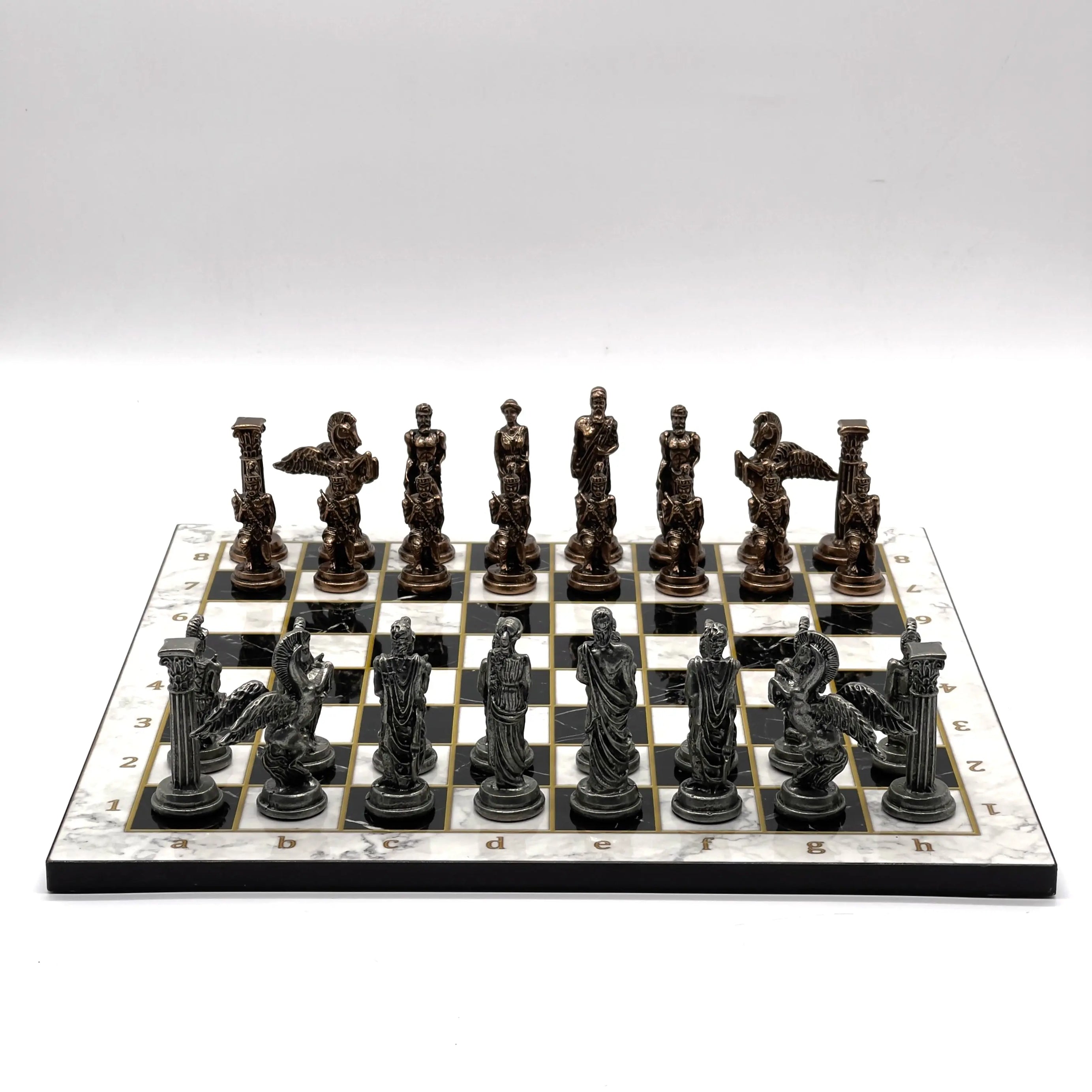 14" Black-White Marble Patterned Chess Set with Pegasus Metal Chess Pieces asyawoodart