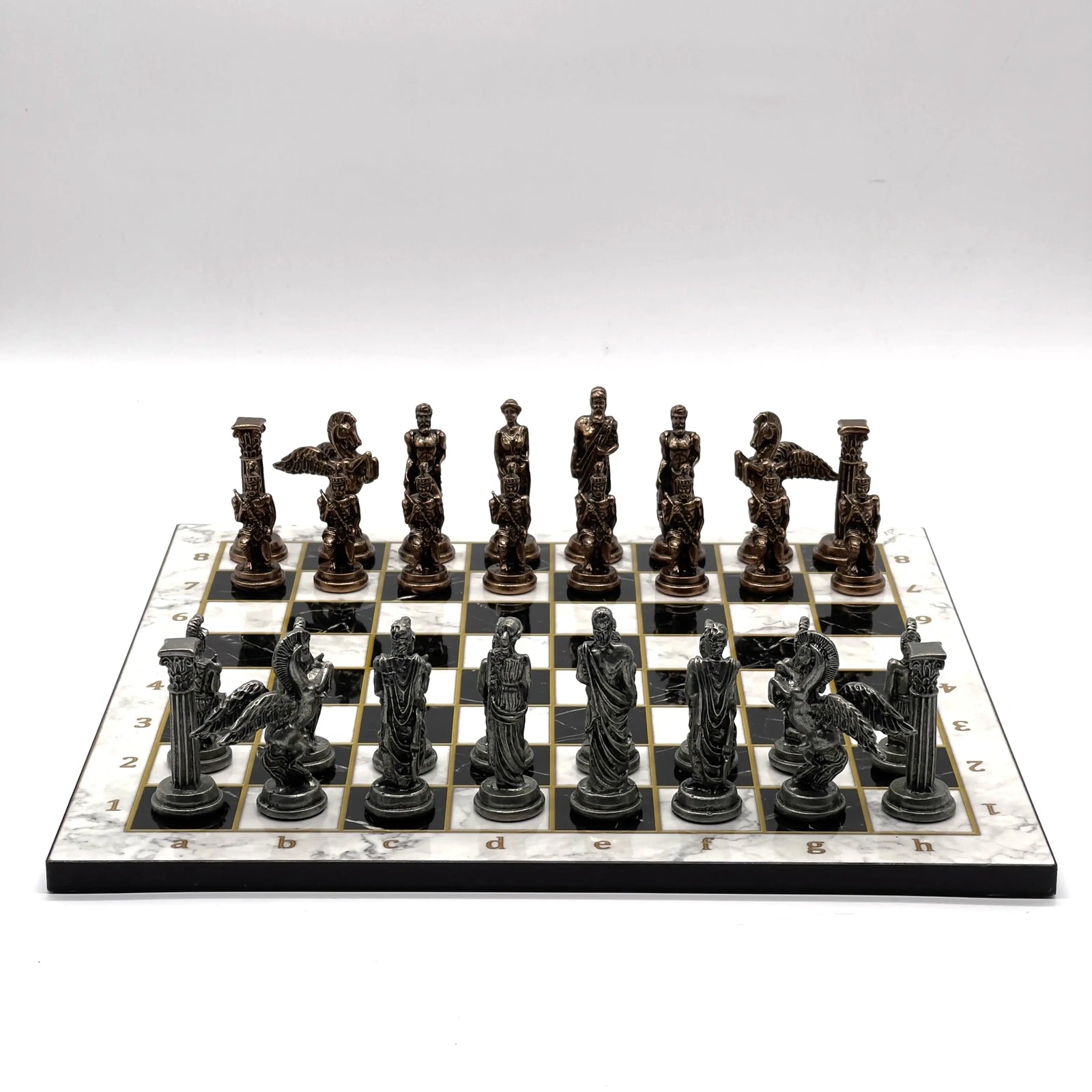 14" Black-White Marble Patterned Chess Set with Pegasus Metal Chess Pieces asyawoodart