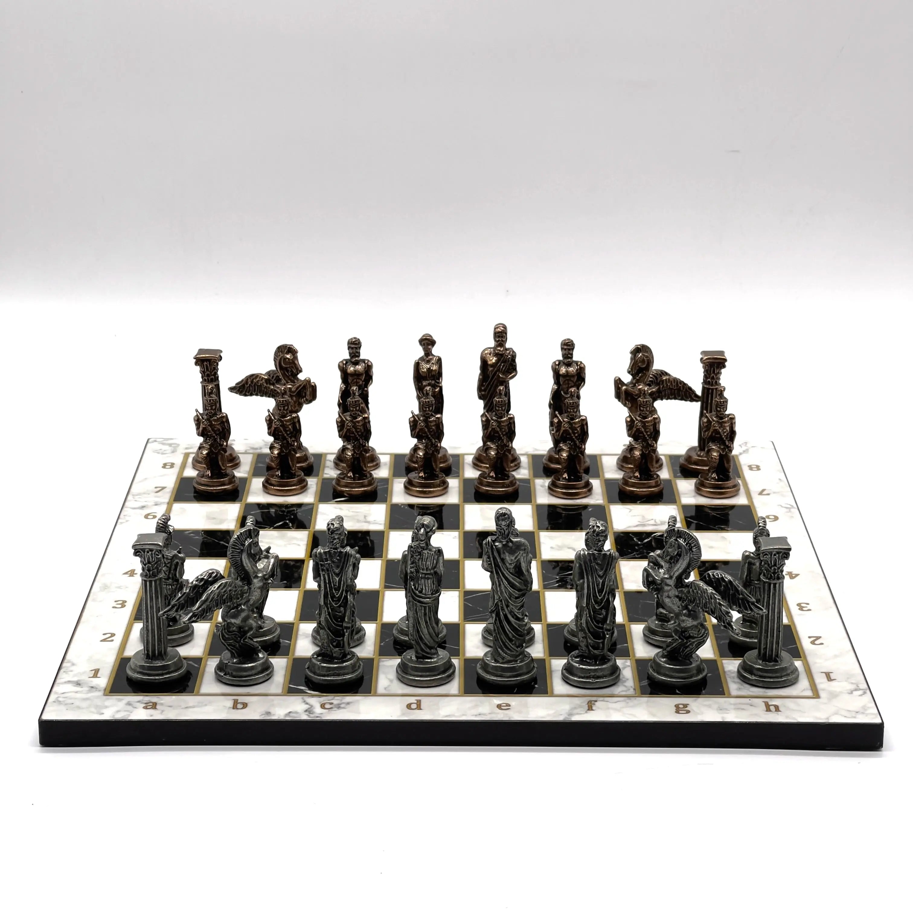 14" Black-White Marble Patterned Chess Set with Pegasus Metal Chess Pieces asyawoodart