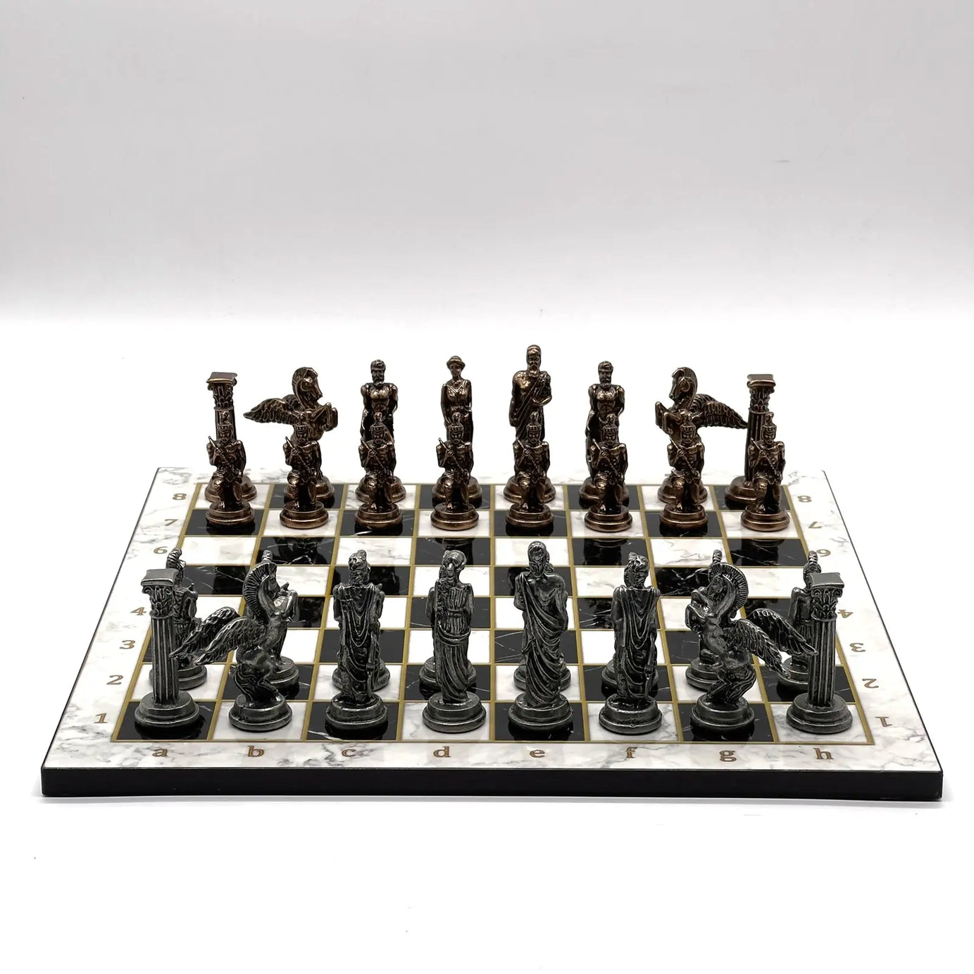 14" Black-White Marble Patterned Chess Set with Pegasus Metal Chess Pieces asyawoodart