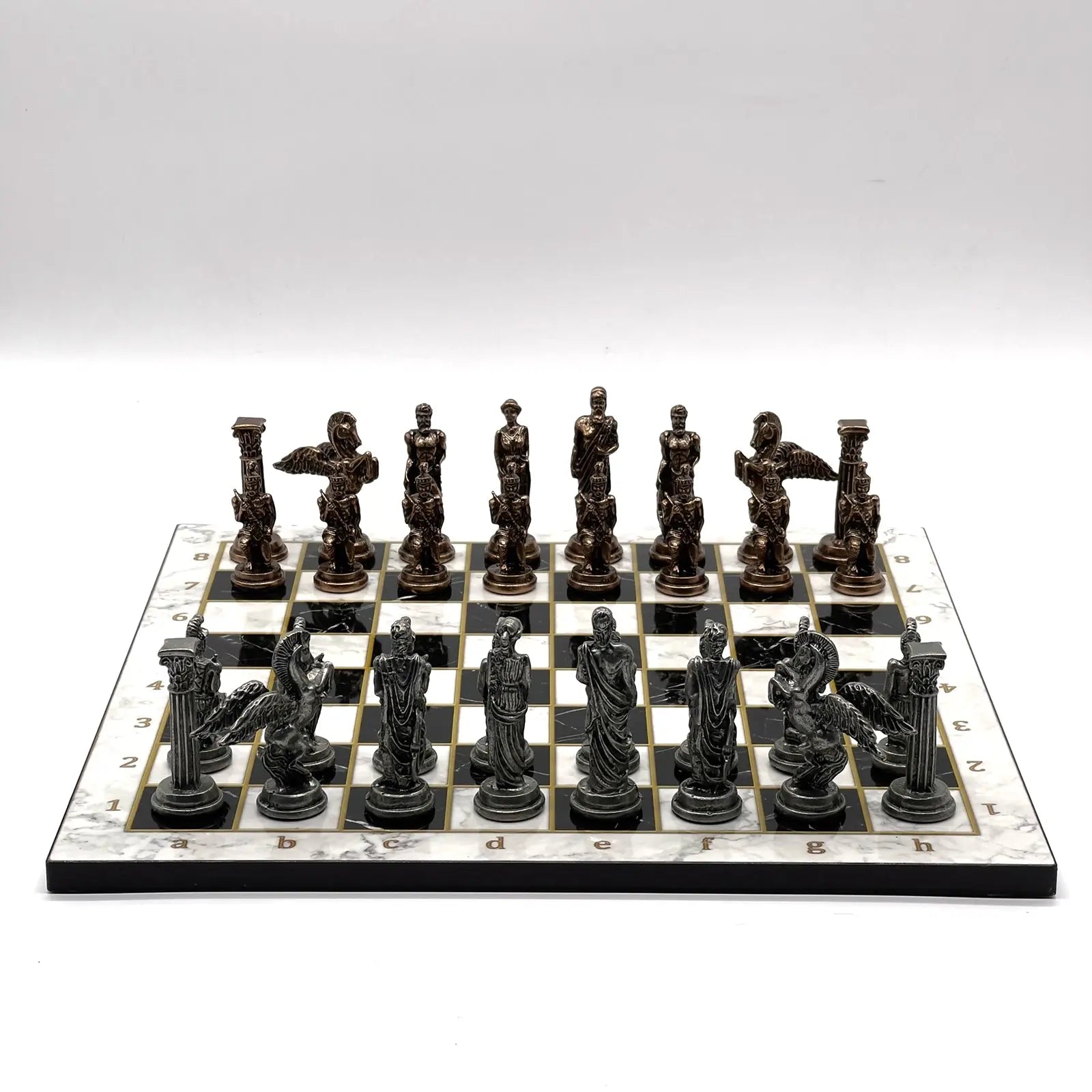 14" Black-White Marble Patterned Chess Set with Pegasus Metal Chess Pieces asyawoodart