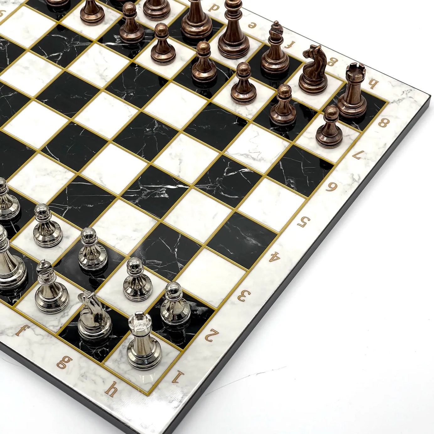 14" Black-White Marble Patterned Chess Set with Metal Chess Pieces