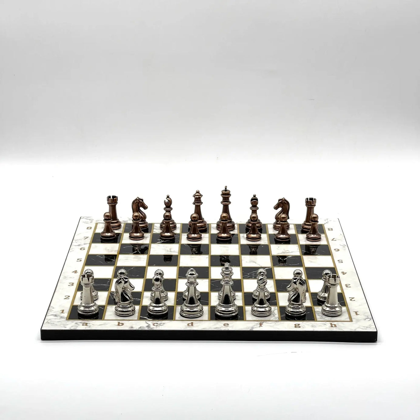 14" Black-White Marble Patterned Chess Set with Metal Chess Pieces