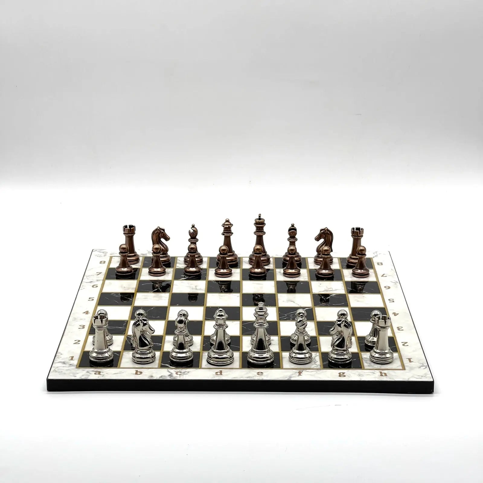 14" Black-White Marble Patterned Chess Set with Metal Chess Pieces