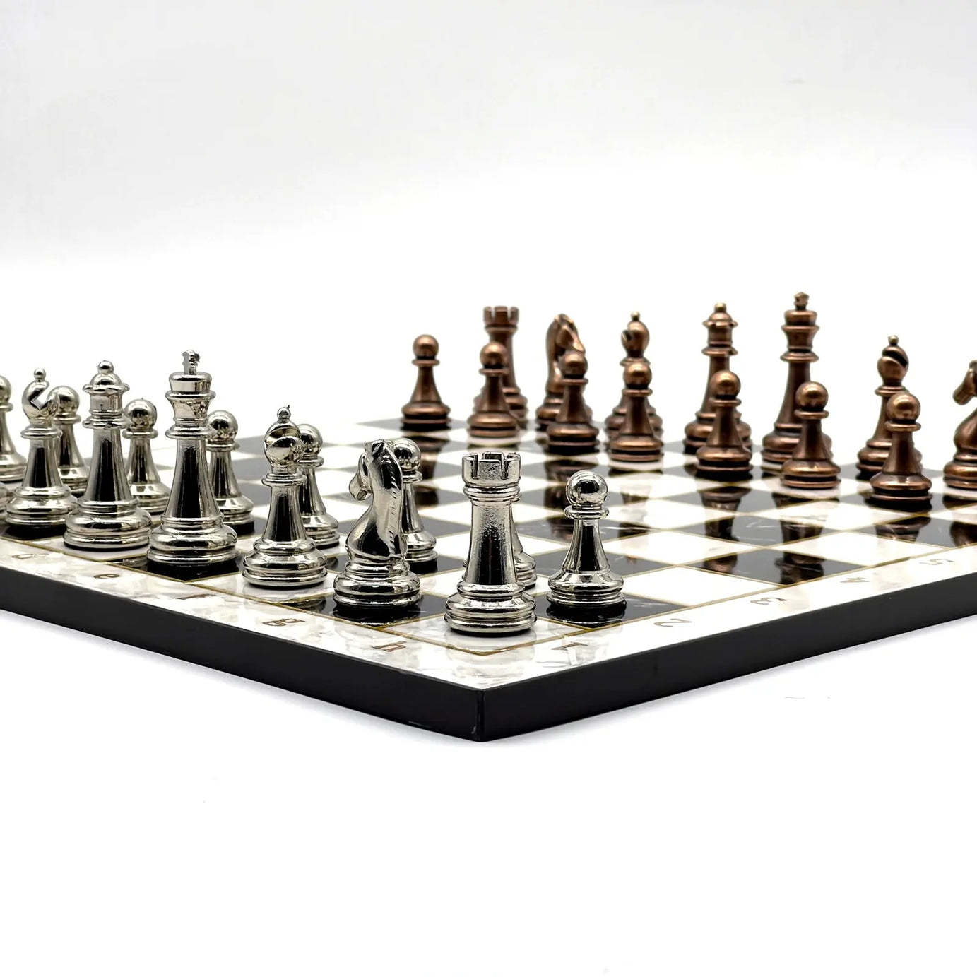 14" Black-White Marble Patterned Chess Set with Metal Chess Pieces