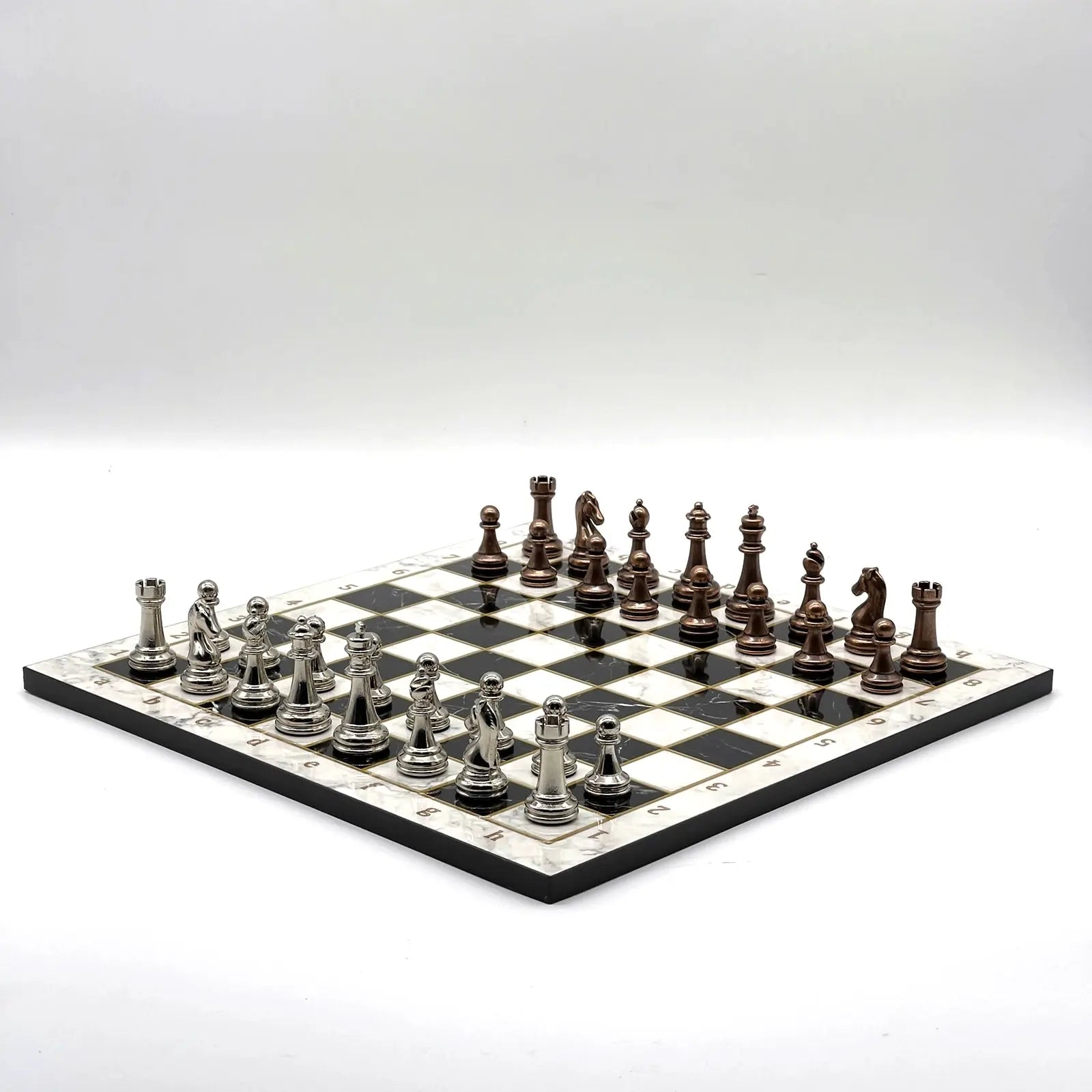 14" Black-White Marble Patterned Chess Set with Metal Chess Pieces