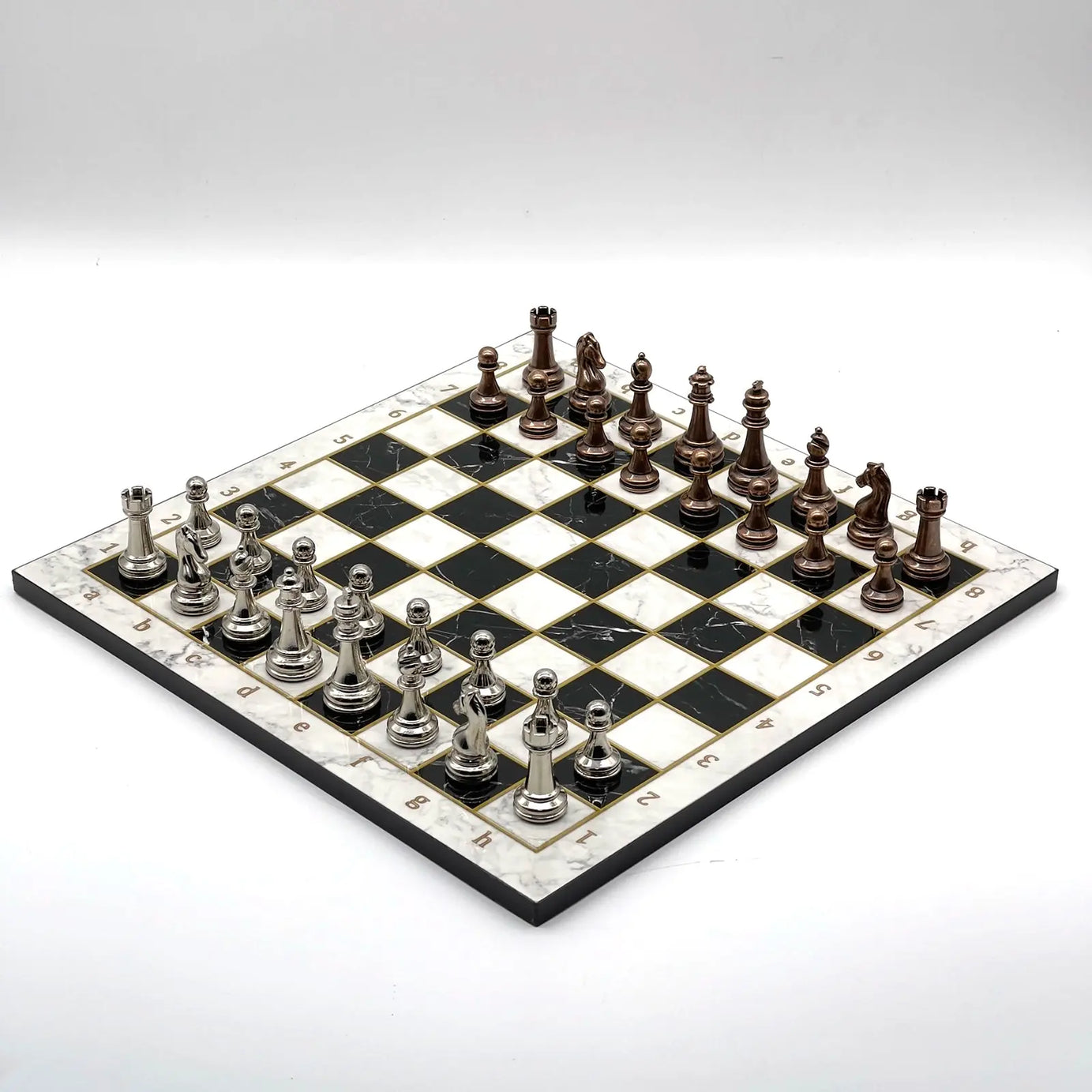 14" Black-White Marble Patterned Chess Set with Metal Chess Pieces