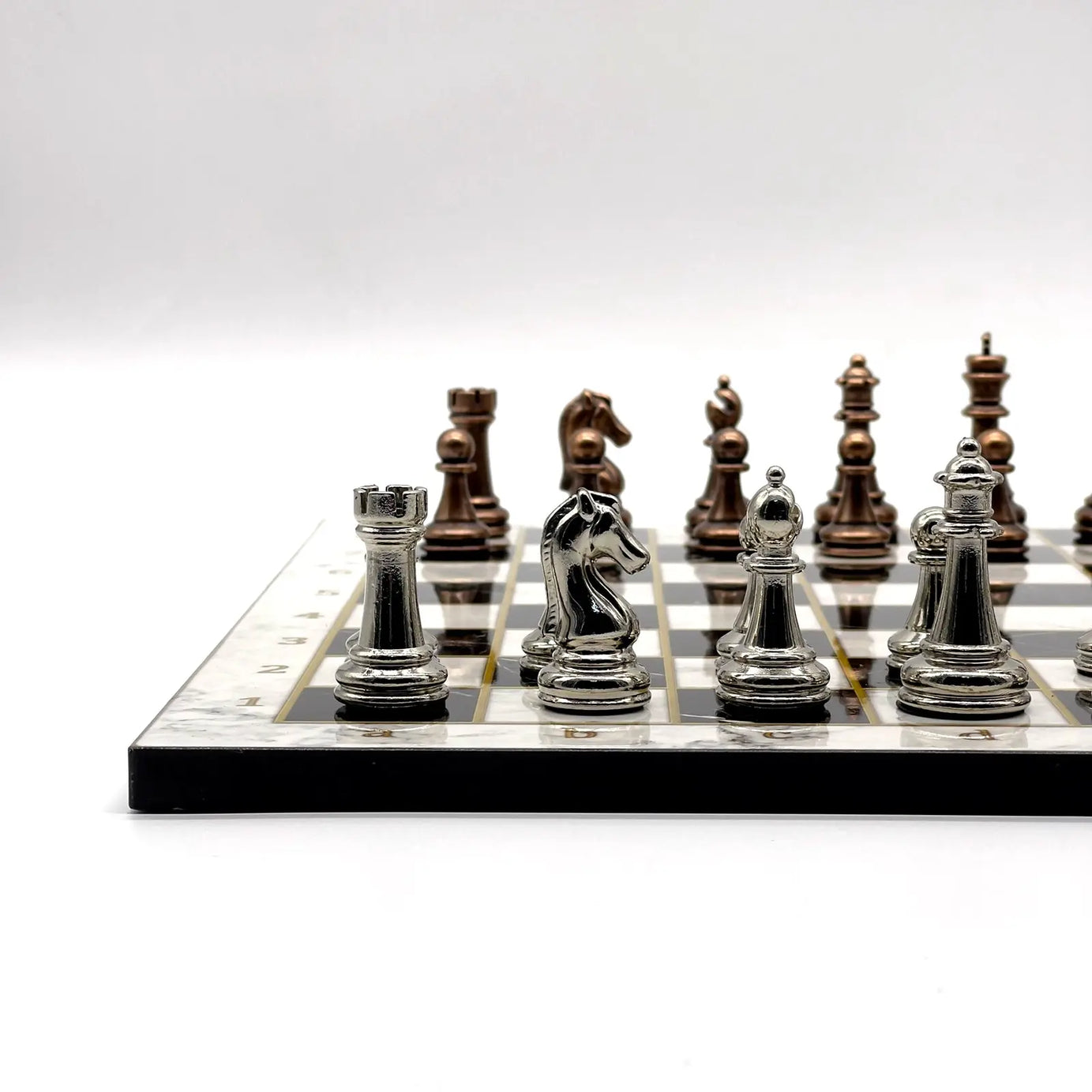 14" Black-White Marble Patterned Chess Set with Metal Chess Pieces