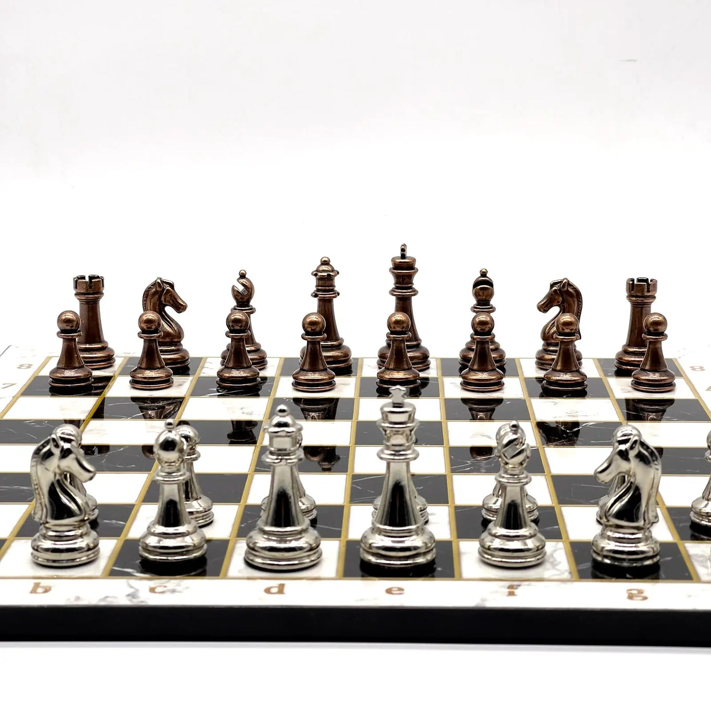14" Black-White Marble Patterned Chess Set with Metal Chess Pieces