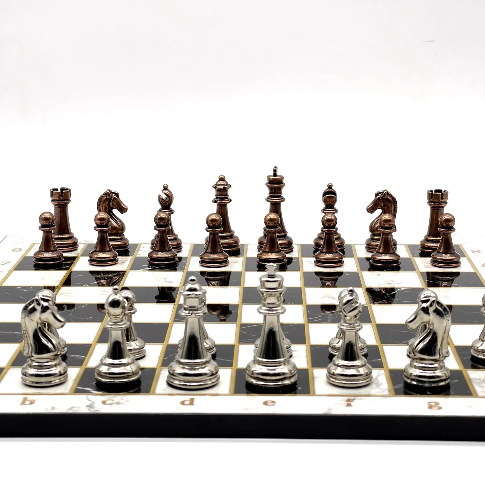 14" Black-White Marble Patterned Chess Set with Metal Chess Pieces