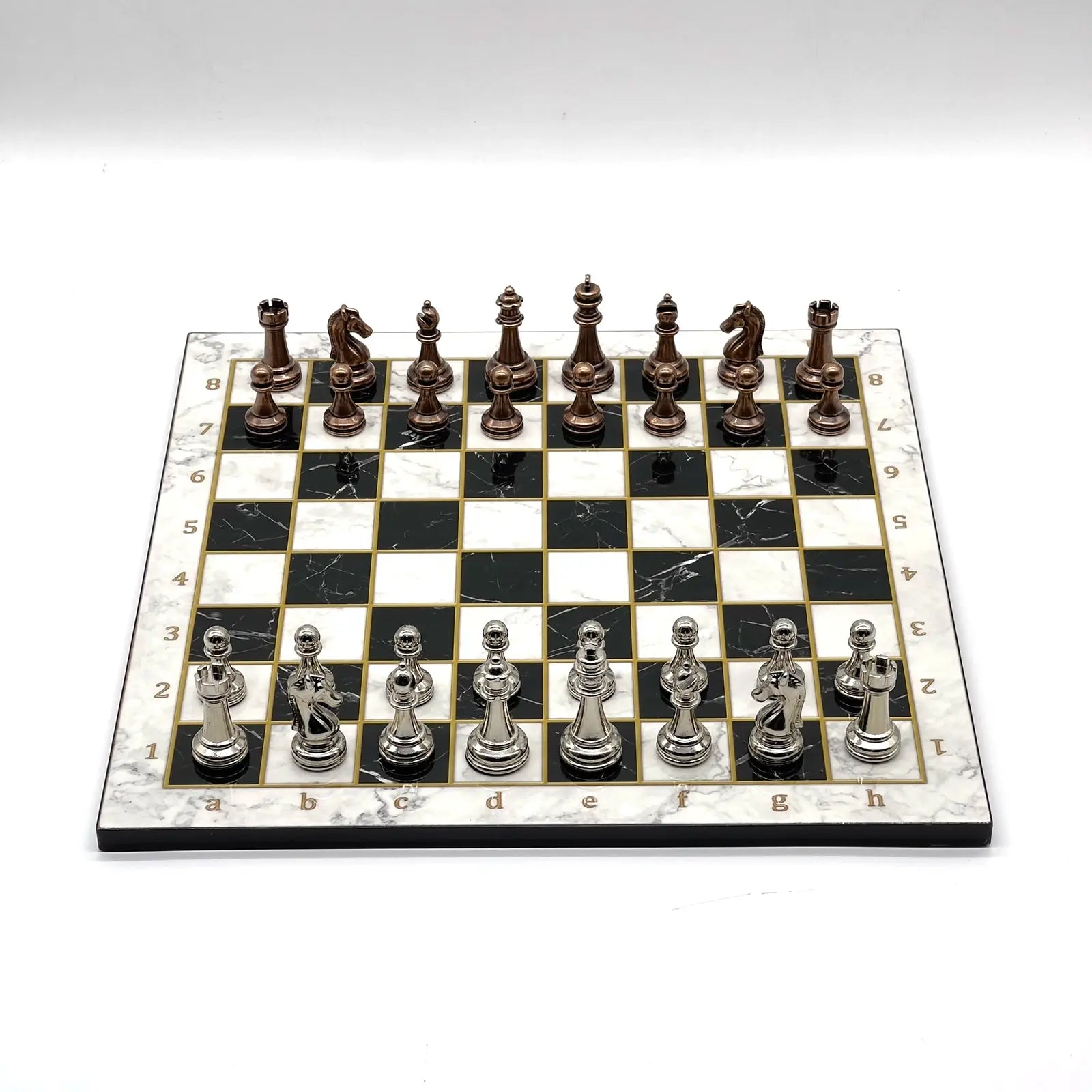 14" Black-White Marble Patterned Chess Set with Metal Chess Pieces