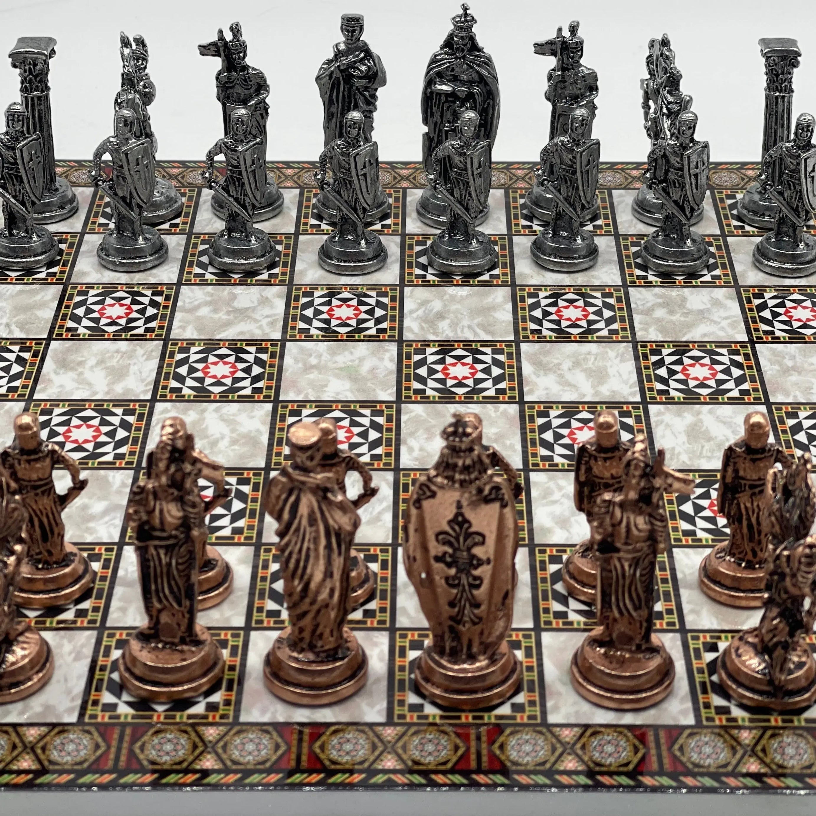 14.5" Handmade Mosaic Marble Pattern Classic Metal Pieces With Chess Set