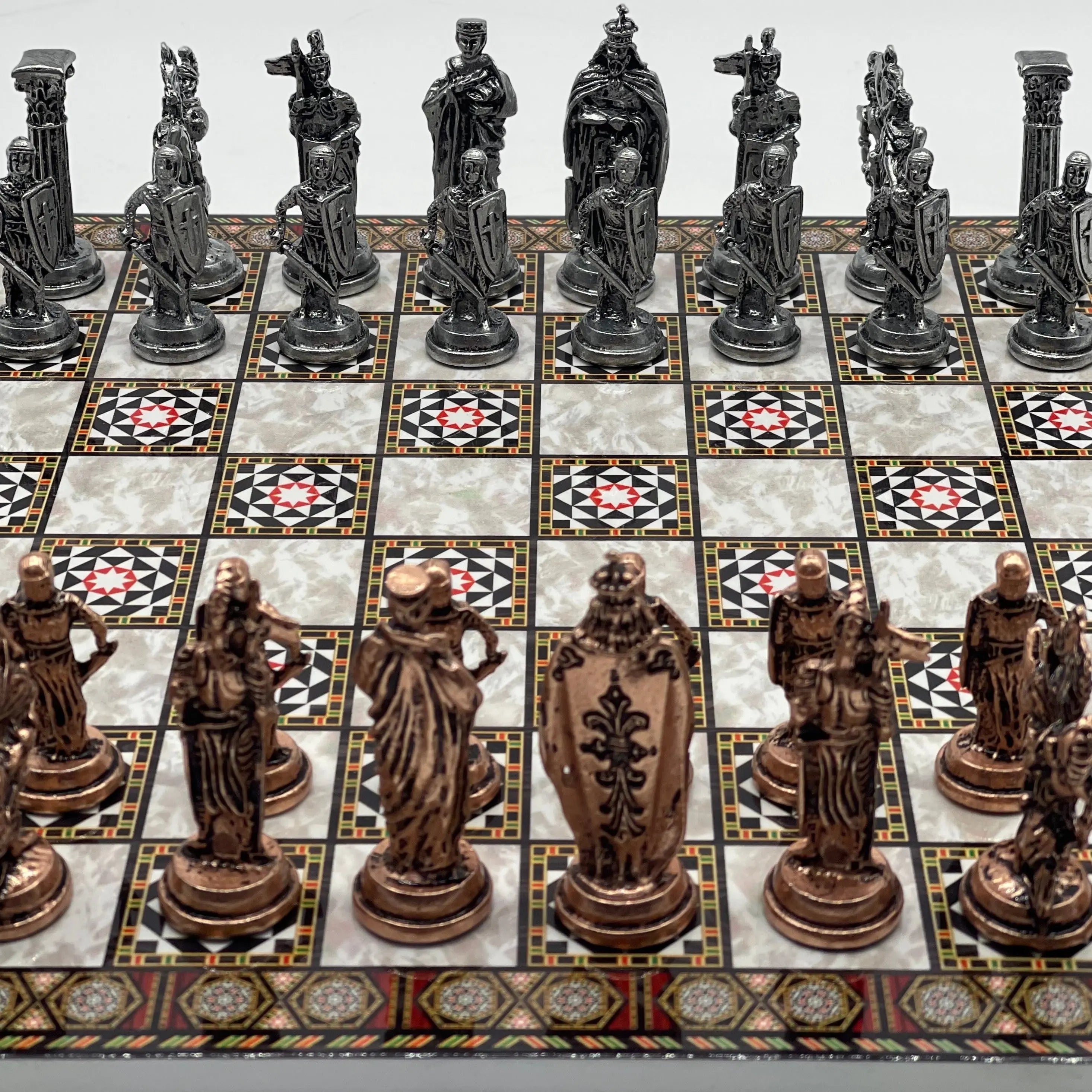 14.5" Handmade Mosaic Marble Pattern Classic Metal Pieces With Chess Set