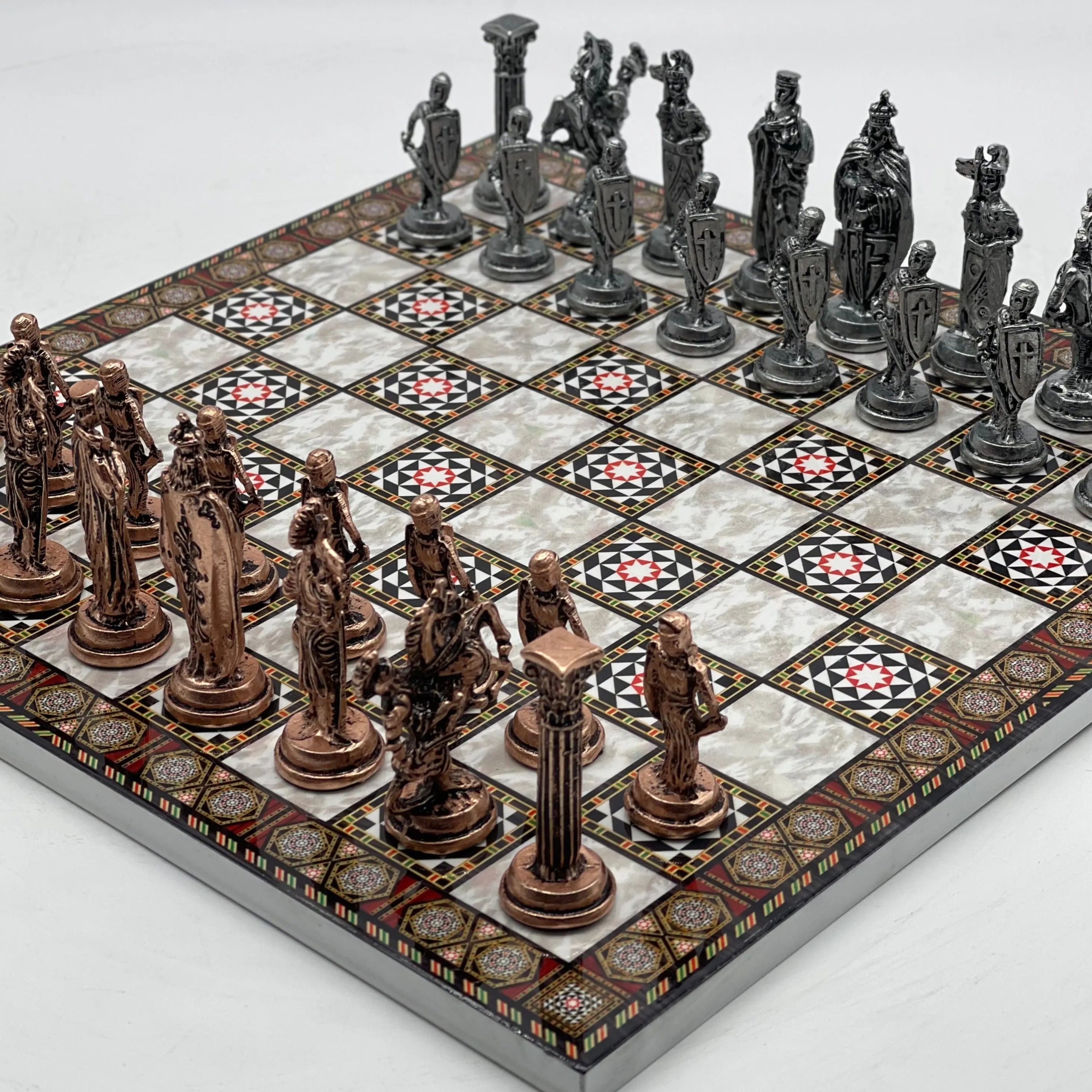 14.5" Handmade Mosaic Marble Pattern Classic Metal Pieces With Chess Set