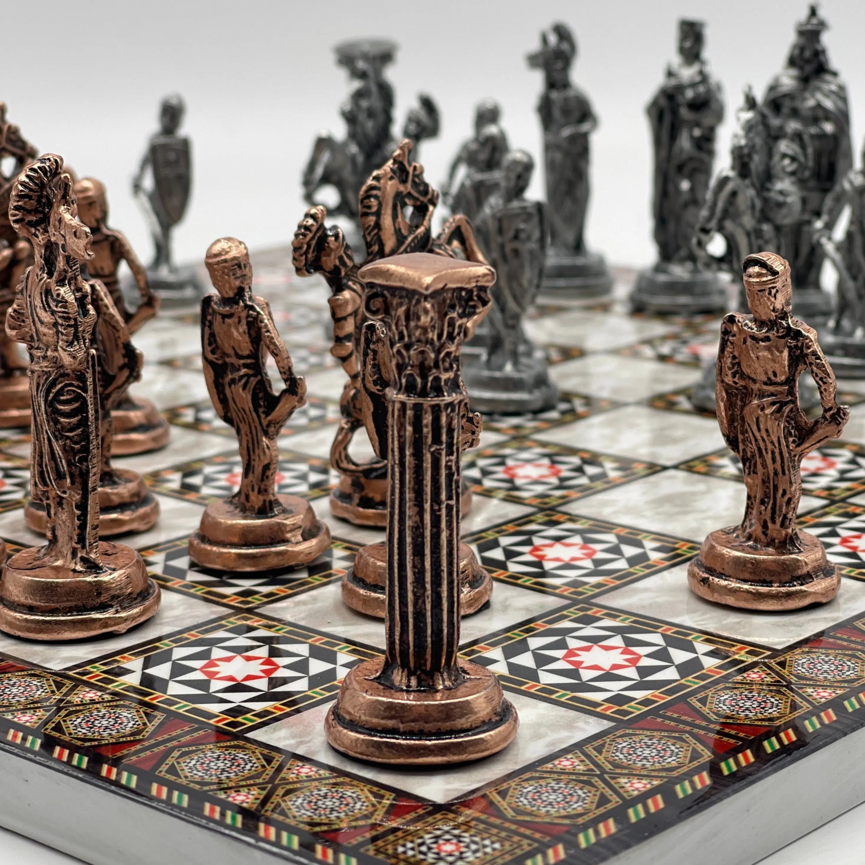14.5" Handmade Mosaic Marble Pattern Classic Metal Pieces With Chess Set