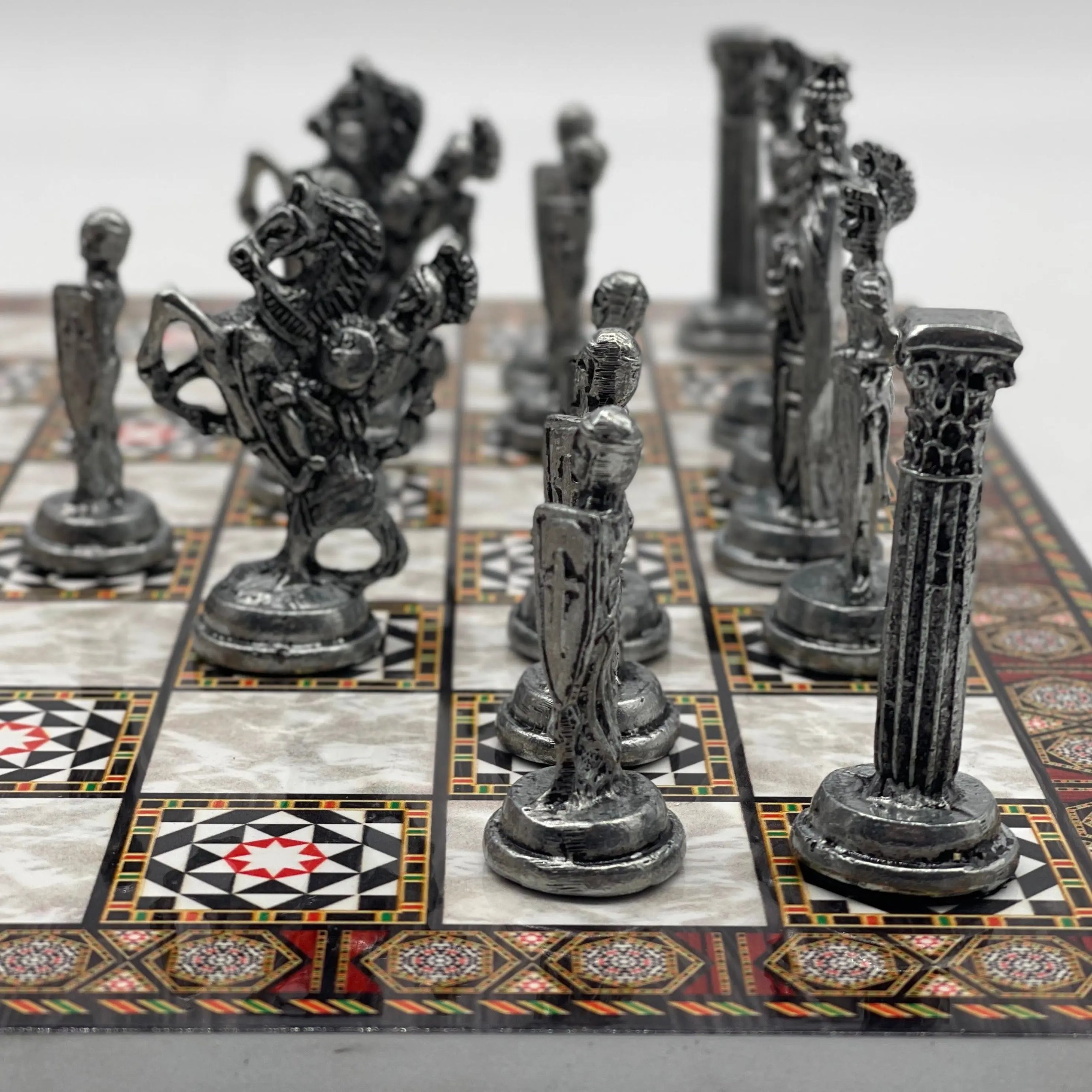 14.5" Handmade Mosaic Marble Pattern Classic Metal Pieces With Chess Set