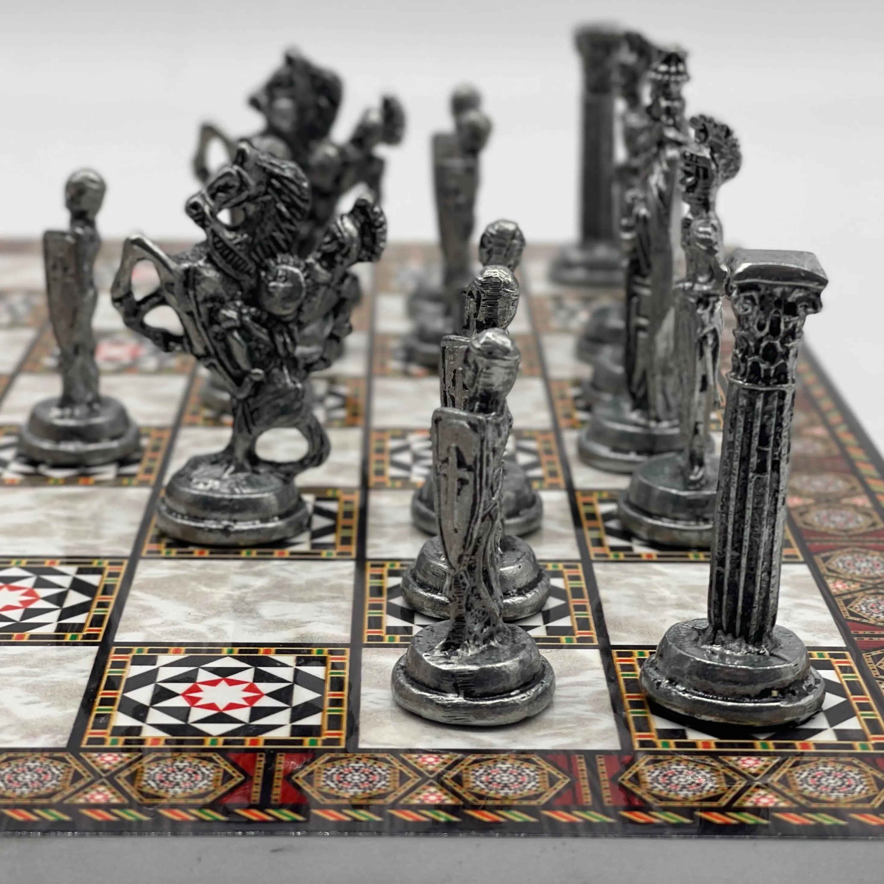 14.5" Handmade Mosaic Marble Pattern Classic Metal Pieces With Chess Set