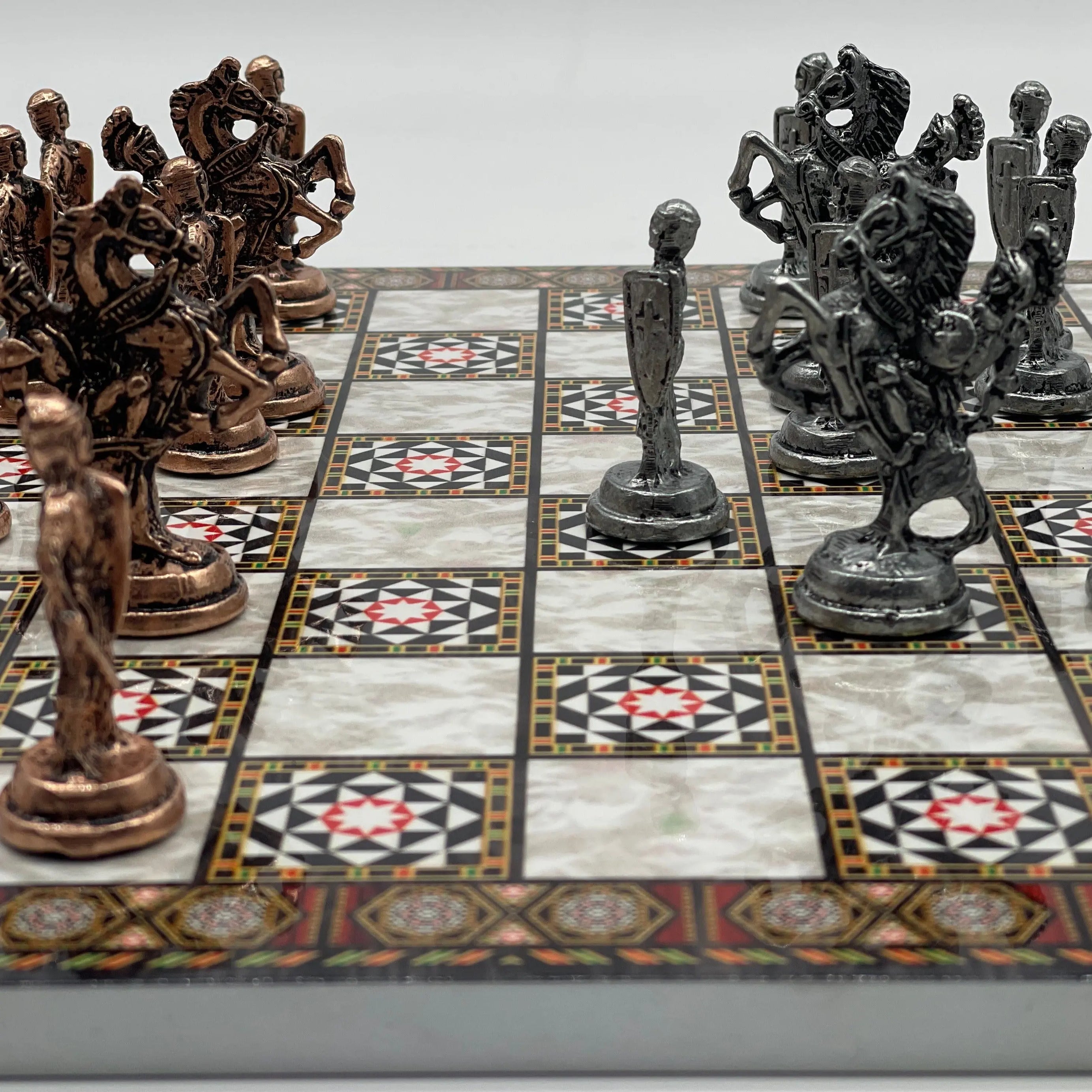 14.5" Handmade Mosaic Marble Pattern Classic Metal Pieces With Chess Set