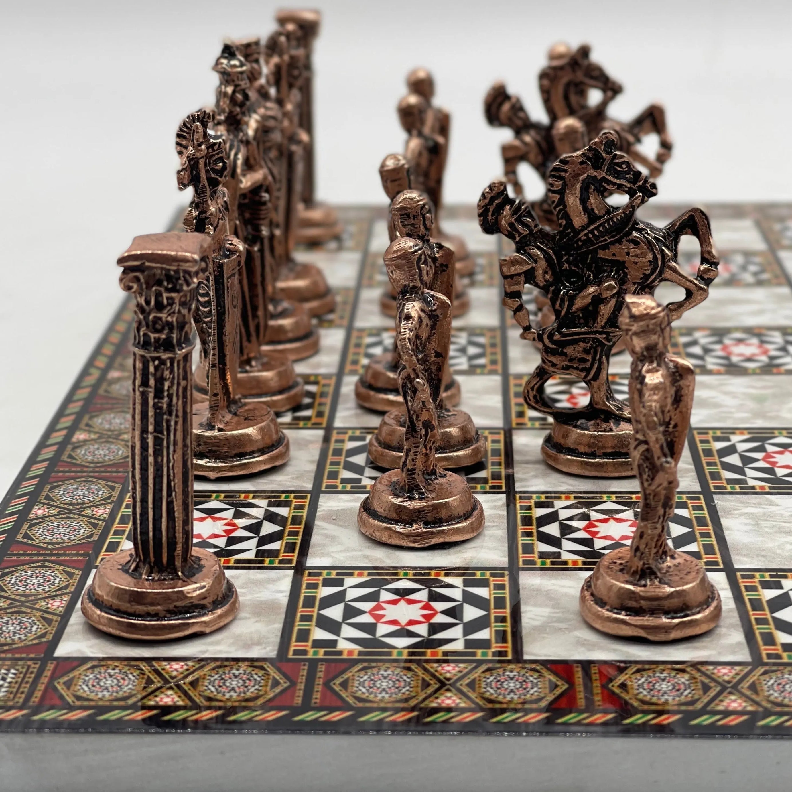 14.5" Handmade Mosaic Marble Pattern Classic Metal Pieces With Chess Set
