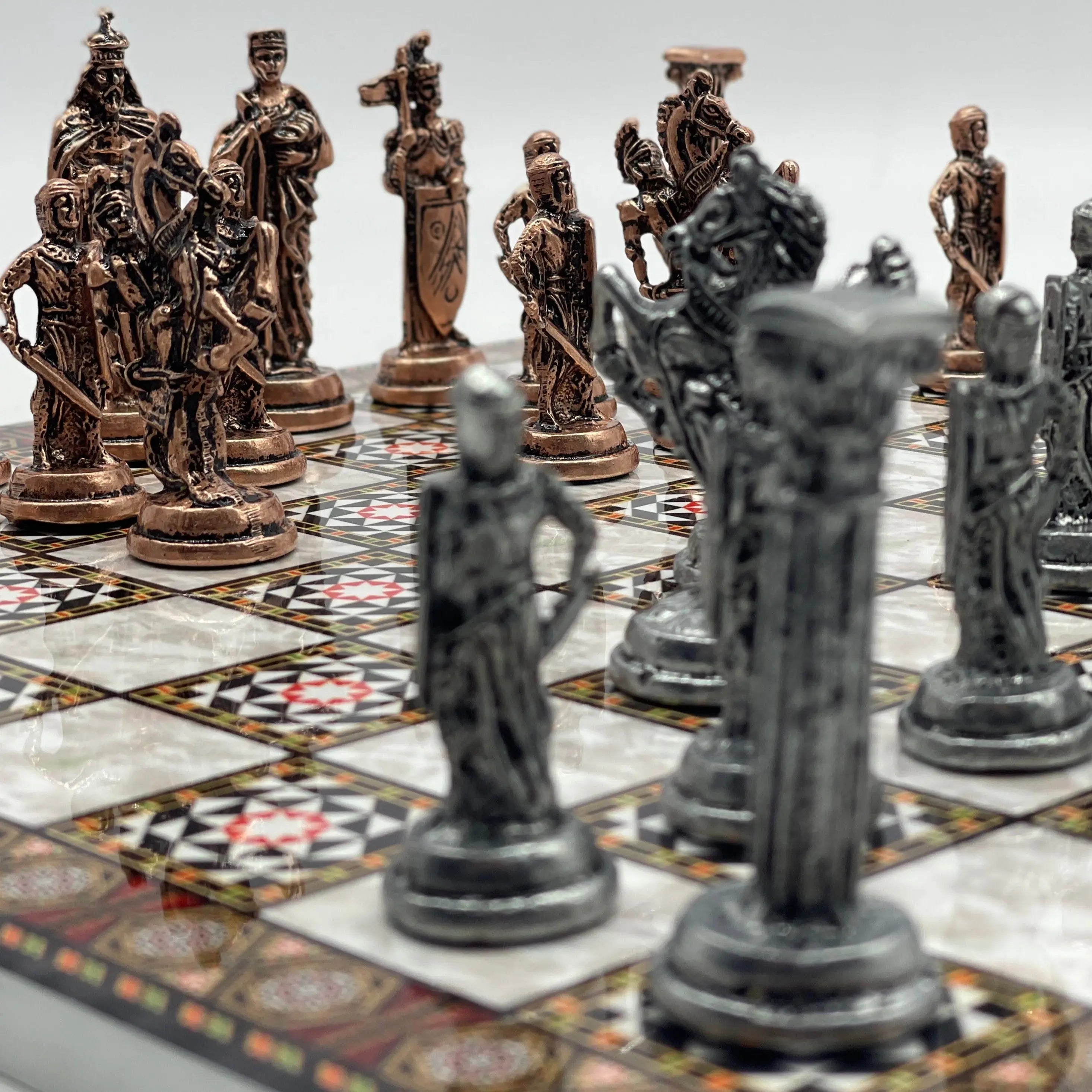 14.5" Handmade Mosaic Marble Pattern Classic Metal Pieces With Chess Set
