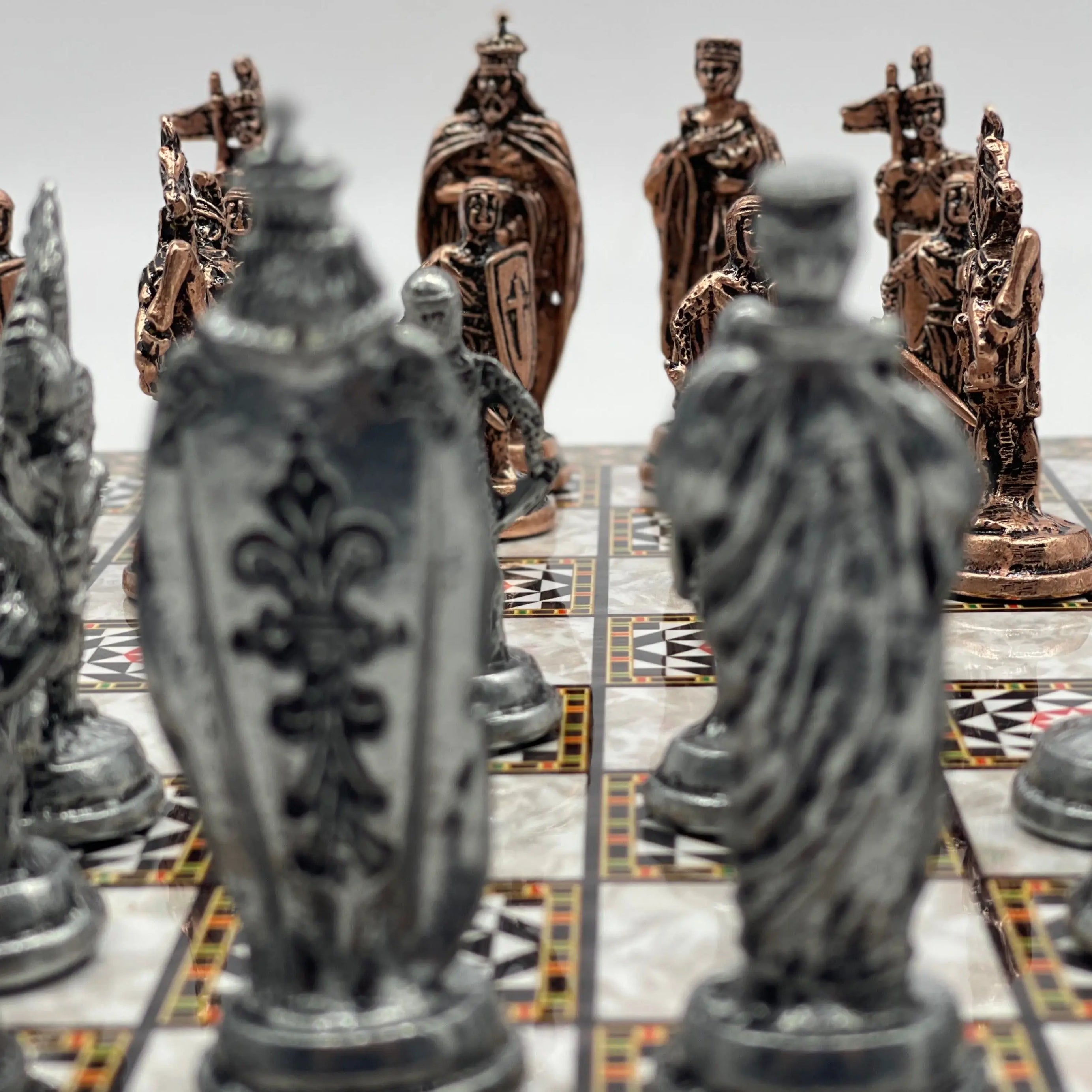 14.5" Handmade Mosaic Marble Pattern Classic Metal Pieces With Chess Set