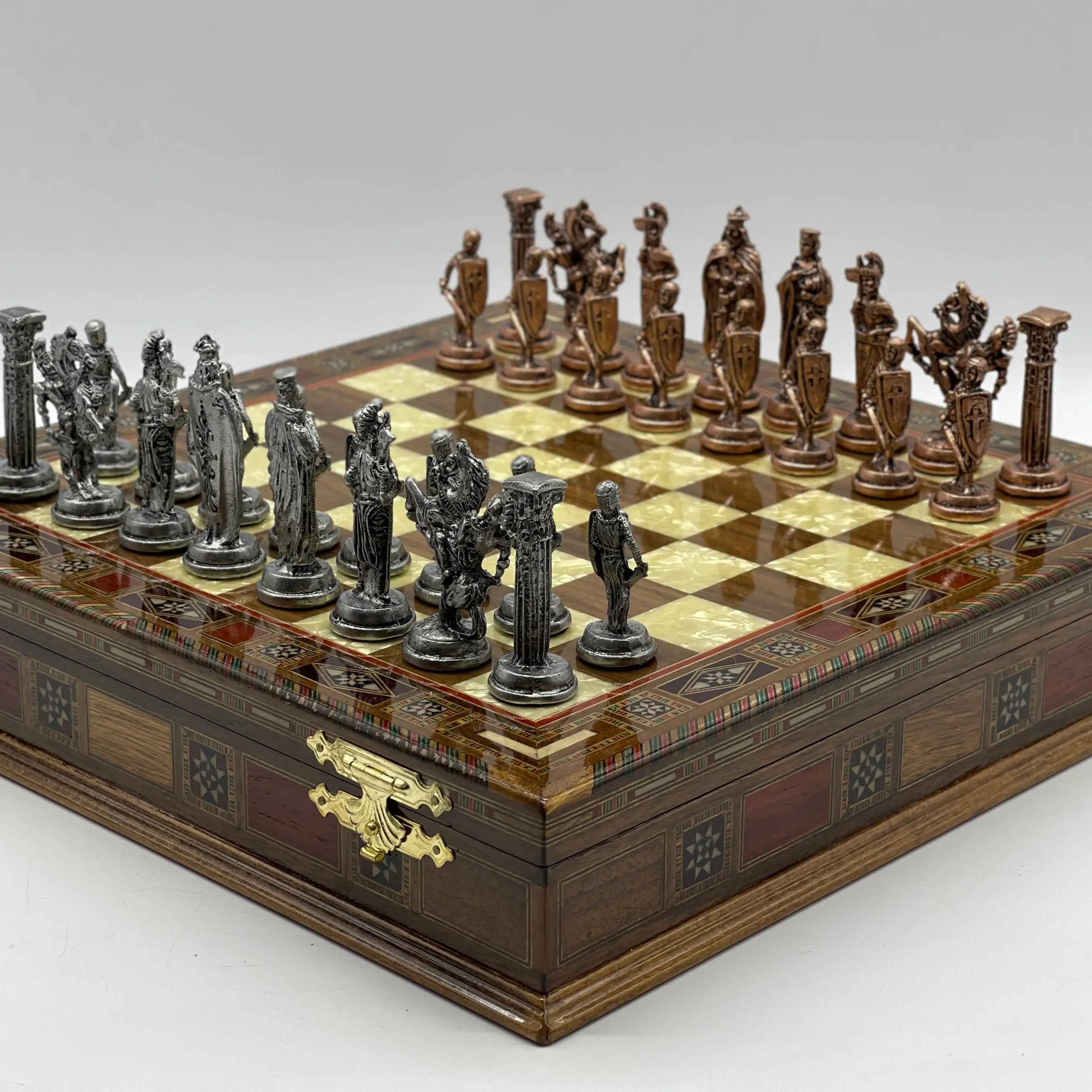 Personalized Walnut Boxed Wooden Chess Set With British Metal Chess Pieces - AsyaWoodArt